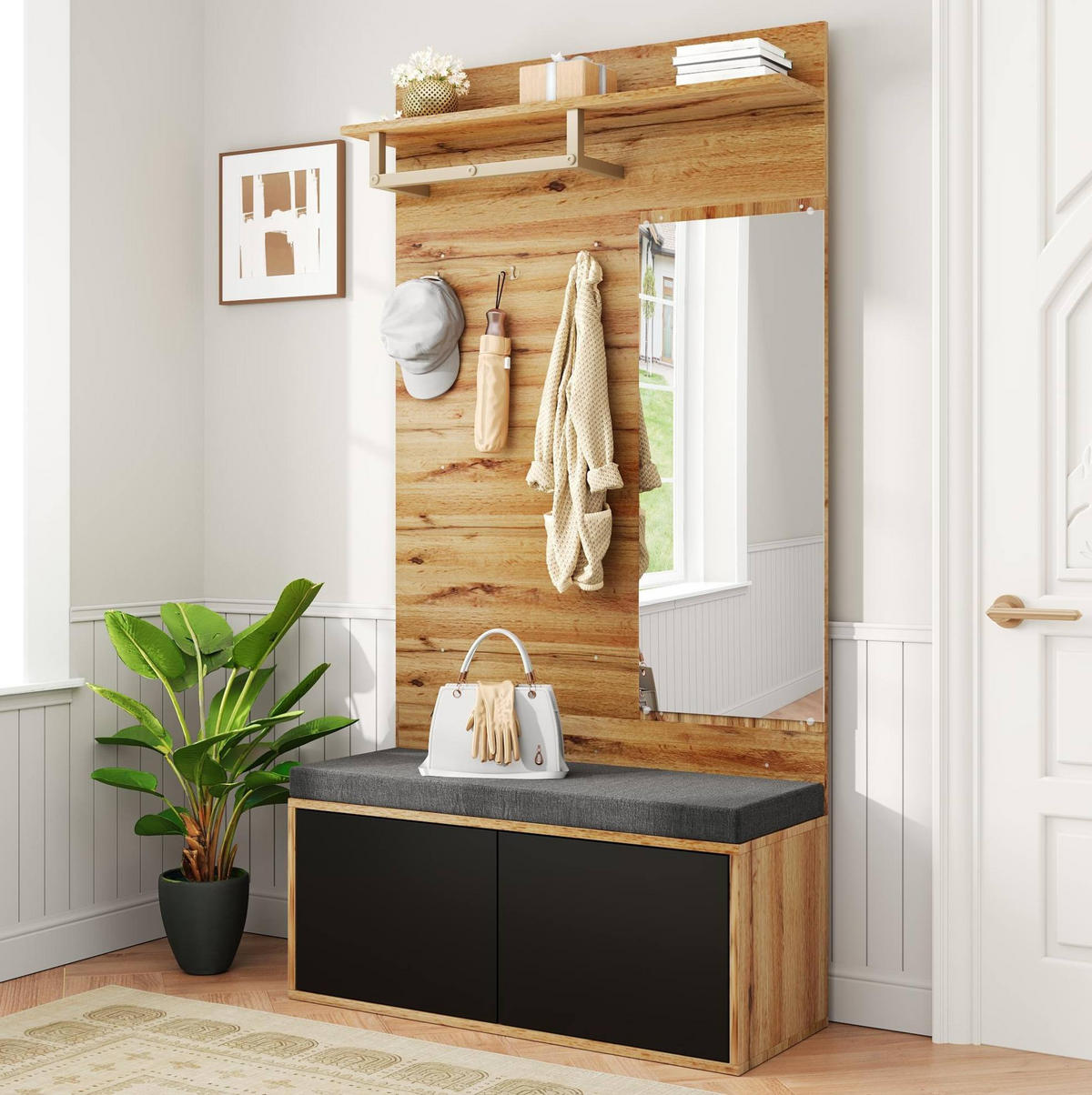 KOMPAKTGARDEROBE mit Spiegel und Schuhschrank Spanplatte Schwarz - Schwarz, Holzwerkstoff (38/190/100cm) - Beauniv