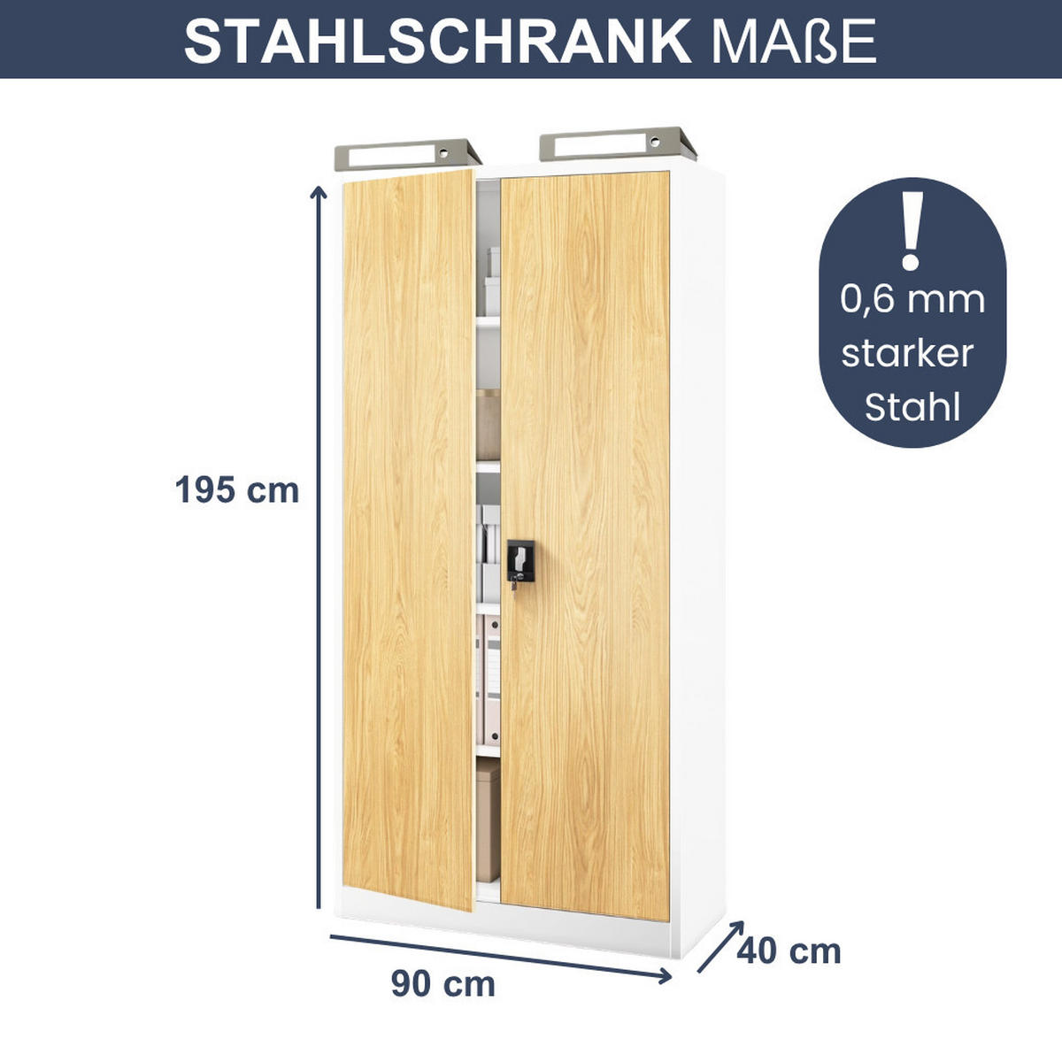 AKTENSCHRANK abschließbar KADO Flügeltüren 195x90x40cm Weiß-Goldene Eiche - Weiß, Metall (90/195/40cm) - DELUKE