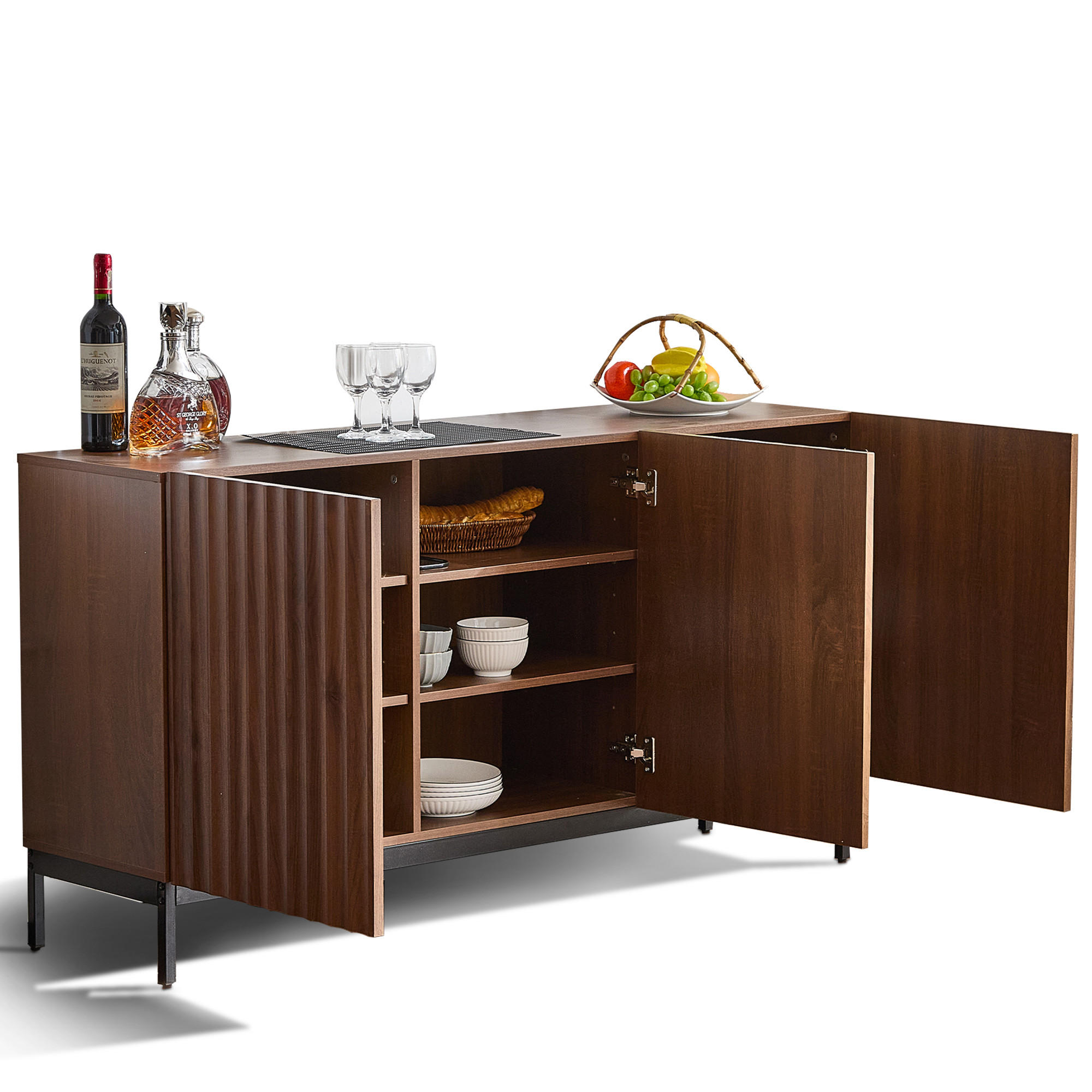 SIDEBOARD aus MDF 150x40x80 cm Dunkelbraun mit 3 Türen, verstellbaren Einlegeböden und 3D-Wellendesign - Dunkelbraun, Holzwerkstoff (150/80/40cm) - Modfu