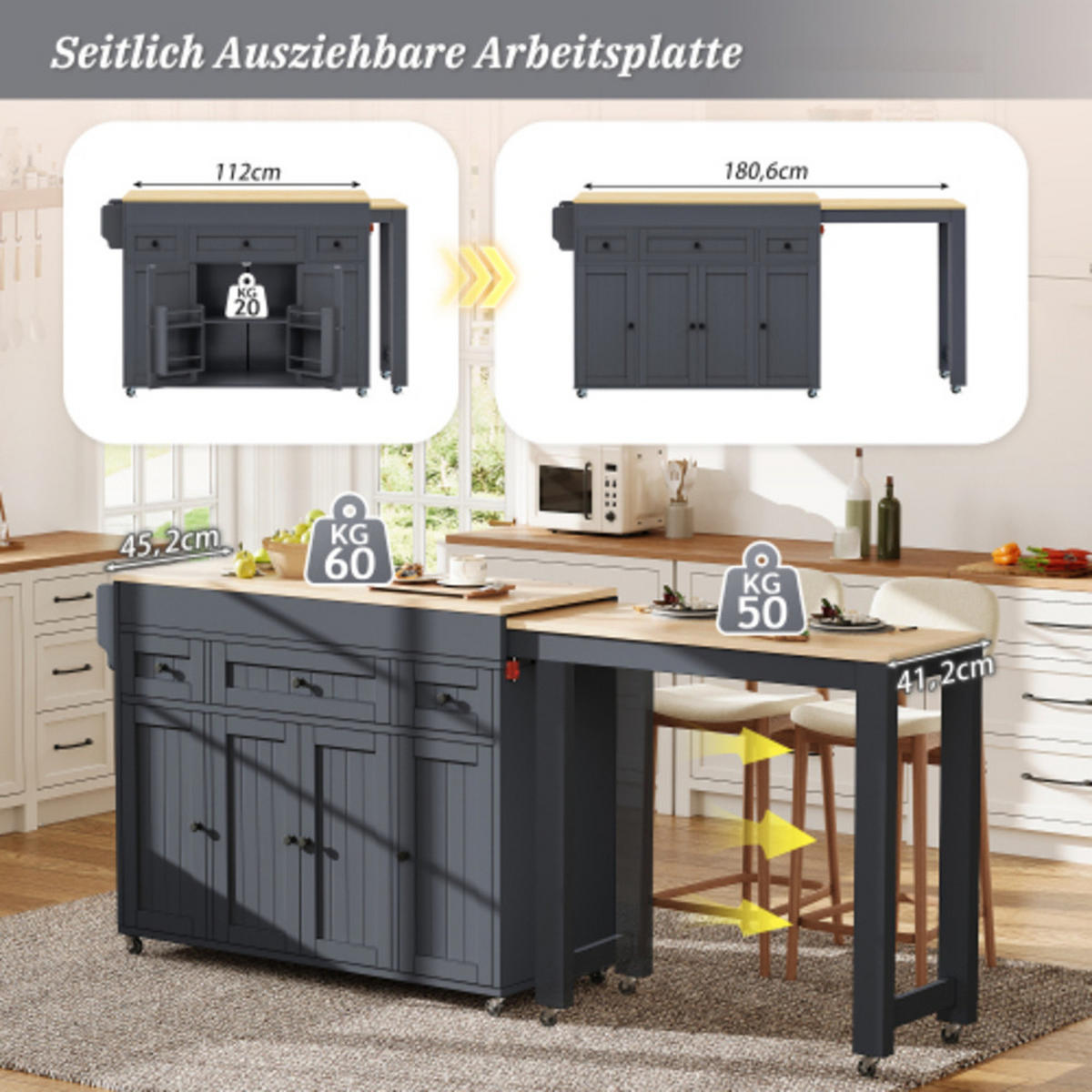 KÜCHENINSEL mit seitlich ausziehbarer Arbeitsplatte grau-natur 137-190,6×45,2×92 cm aus MDF - Grau, Holzwerkstoff (190.6/92/45.2cm) - Luhomfu