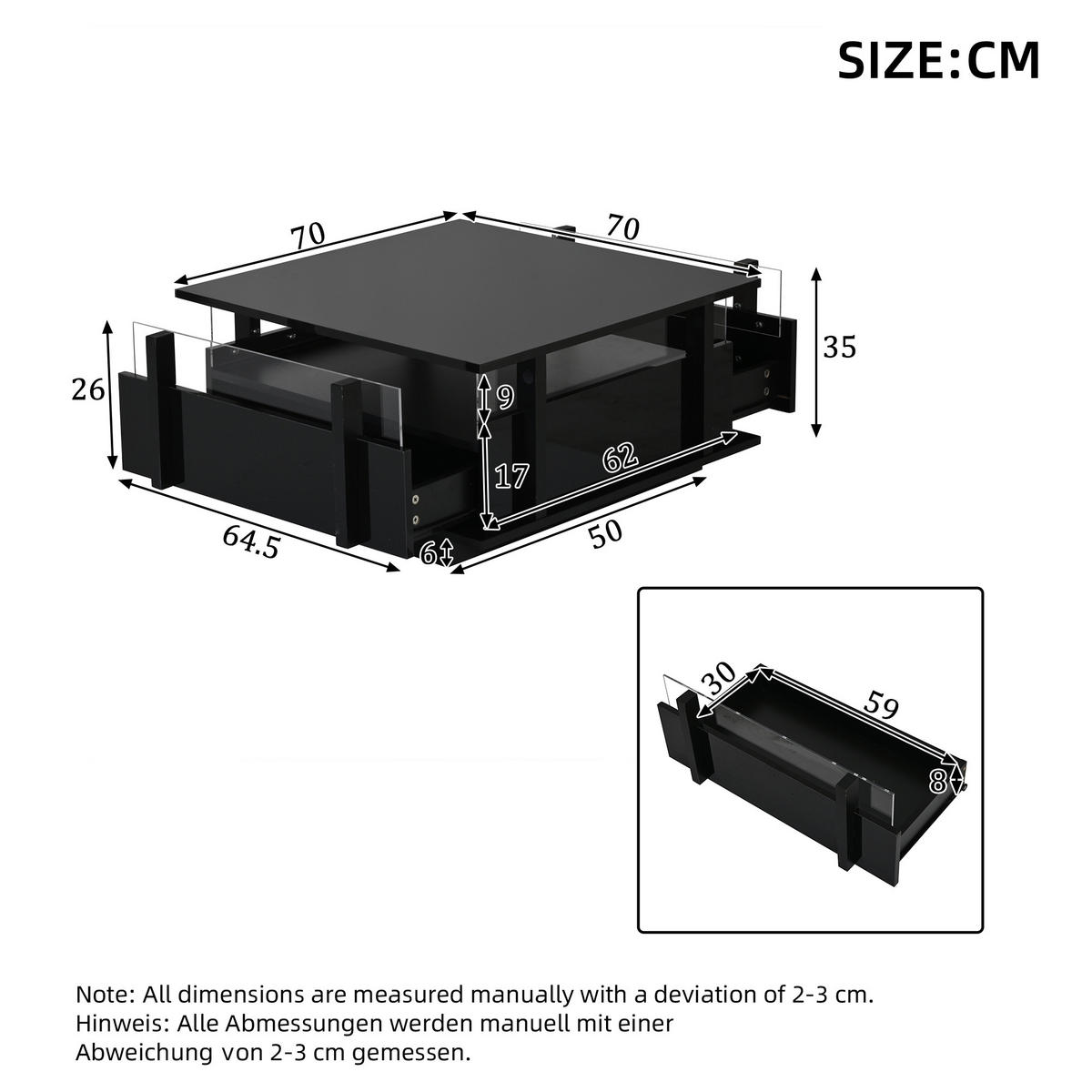 COUCHTISCH in Schwarz Sofatisch Hochglanz mit 2 Schubladen,LED & Acryl-Trennwand, Sofatisch für Wohnzimmer,B70/T70/H35cm - Schwarz, Holzwerkstoff/Metall (70/70/35cm) - STILVORA