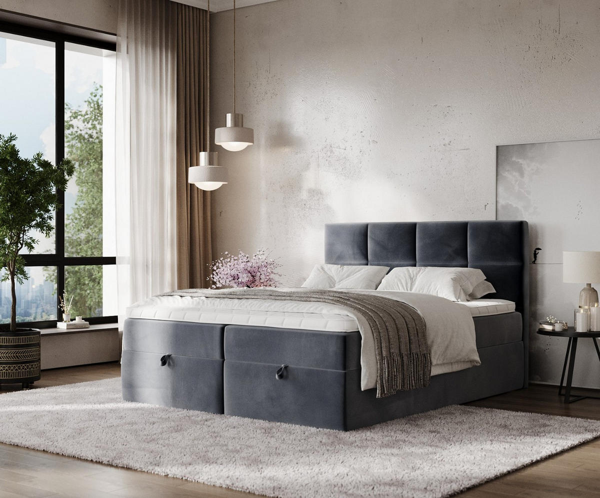 BOXBETT Velto 140/200 cm Dunkelgrau im Kronos Stoff - Dunkelgrau/Schwarz, Holz/Holzwerkstoff (140/200cm) - AltaBeds