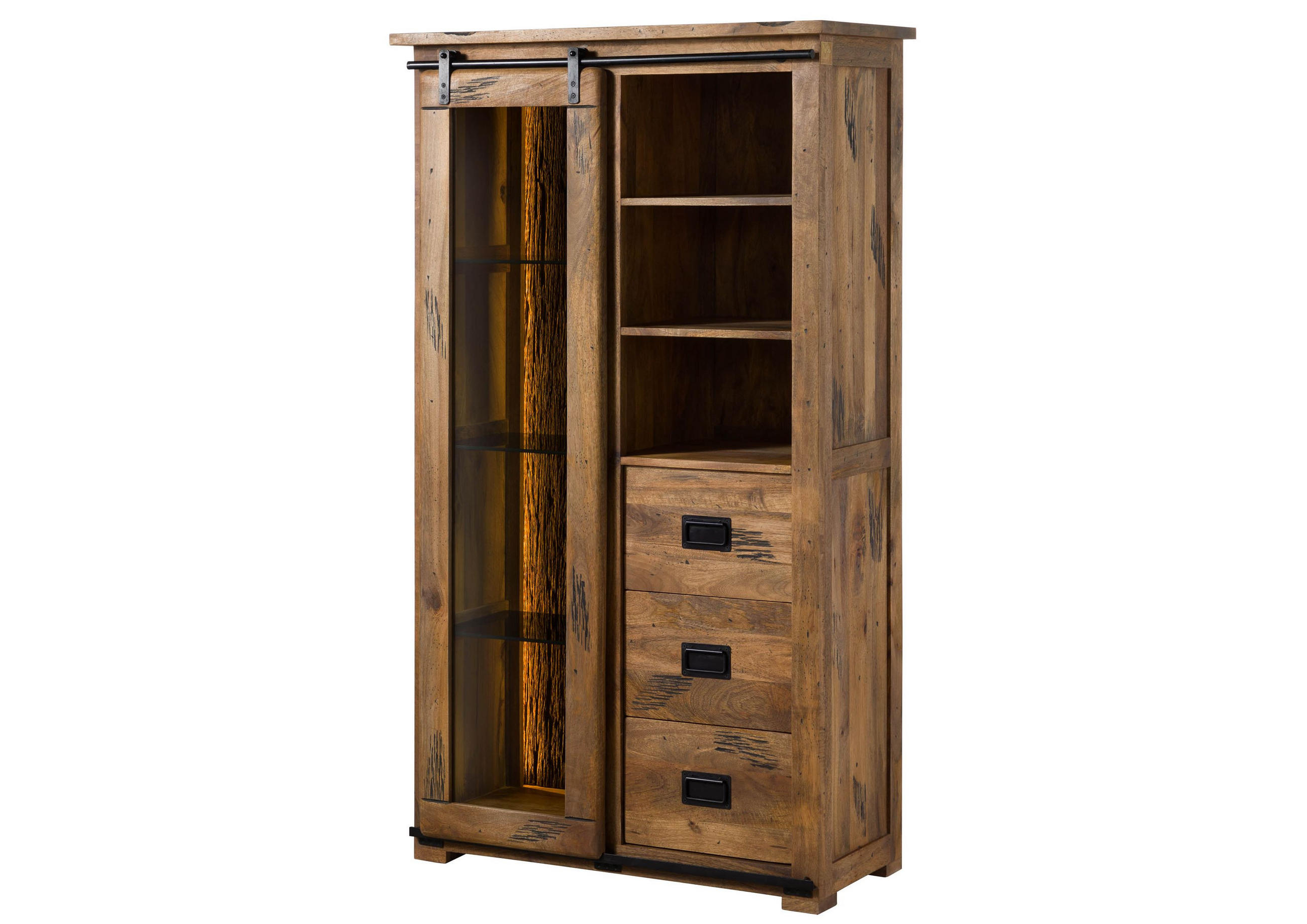 VITRINE Mango / Altholz 100x45x175 natur lackiert RAILWAY LUX #125 - Braun, Holz (100/175/45cm) - Massivmoebel24