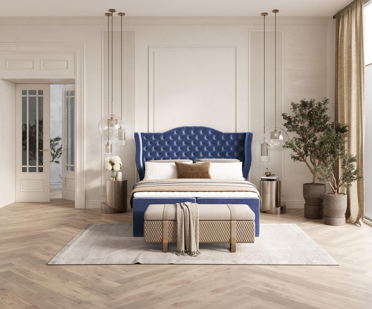 BOXBETT Royal Dunkelblau 200/200 cm im Samtstoff - Schwarz/Dunkelblau, Holz/Holzwerkstoff (200/200cm) - Maison de Reve