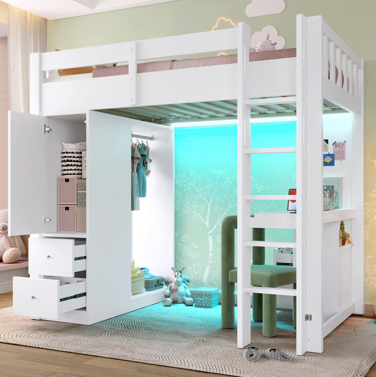 HOCHBETT 90/200 cm aus Kiefernholz und MDF mit Schreibtisch, 4 Schubladen, offenem Kleiderschrank und LED Weiß - Weiß, Holz (90/200cm) - Modenvie