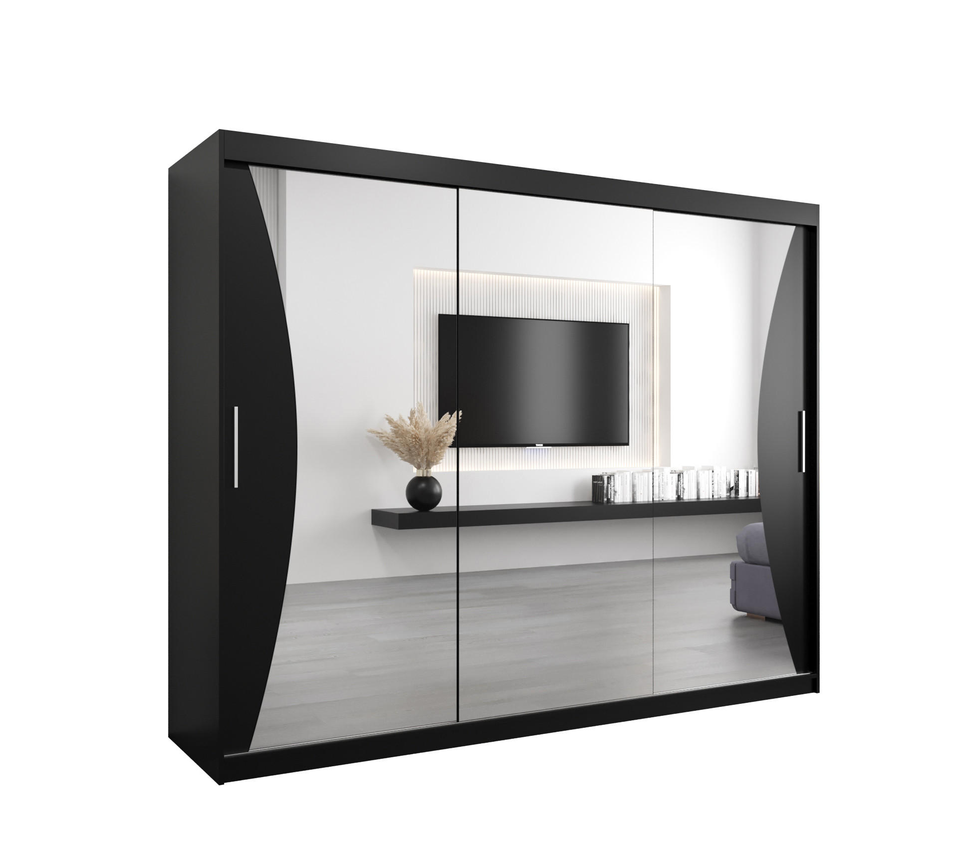 Möbel Kryspol Schwebetürenschrank Schwarz, Schwarz 250x200x62 cm
