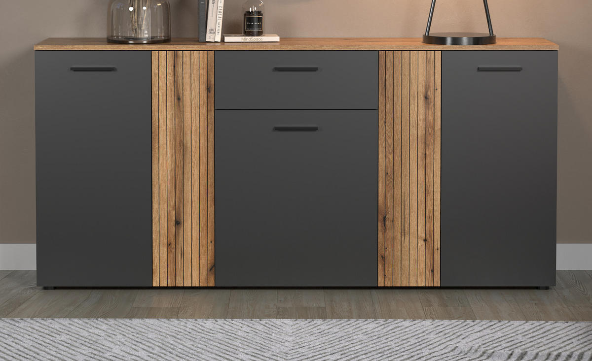 SIDEBOARD grau, Evoke Eiche 181 cm, Kommode mit viel Stauraum - Eichefarben/Anthrazit, Holzwerkstoff/Kunststoff (181/86/38cm) - Top.Furn