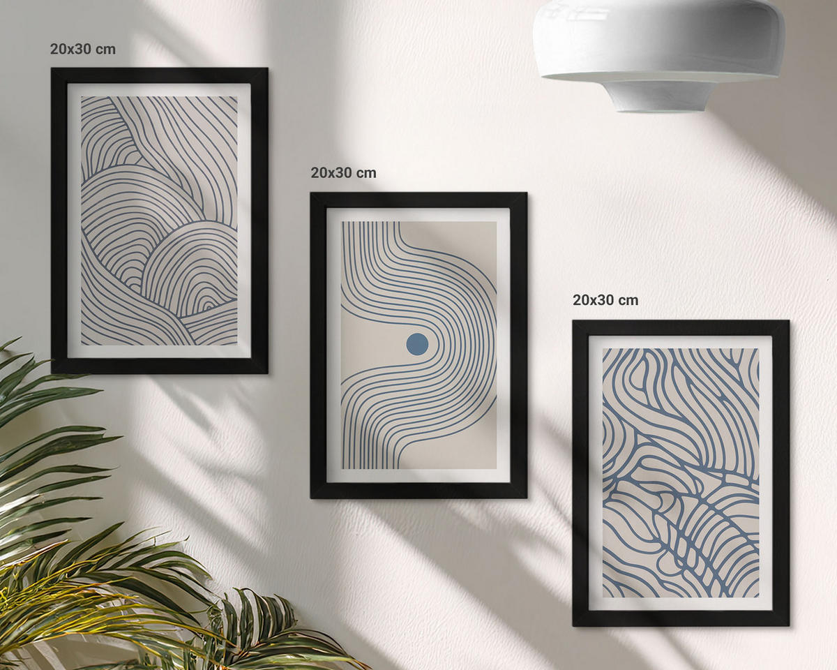 WANDBILDER 3er-Set - 20x30 cm Schwarzer Rahmen - Abstrakte Linien, Wellenformen - Schwarz, Kunststoff (20/30cm) - ArtPrintCave
