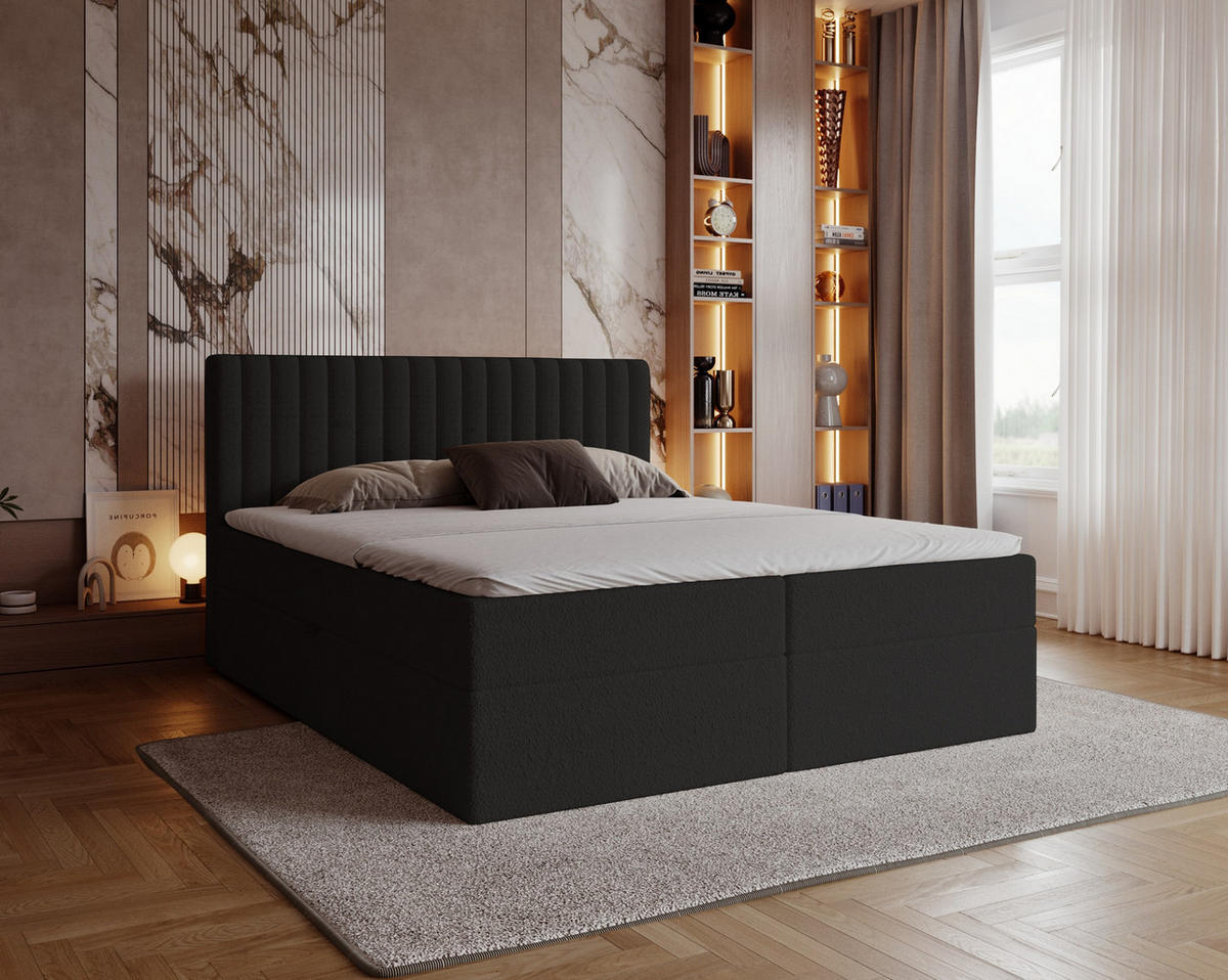 BOXSPRINGBETT Boucle 180x200 Daliro mit Bettkasten, Matratze H3, Schwarz - Schwarz, Holz/Textil (180/200cm) - Emporius