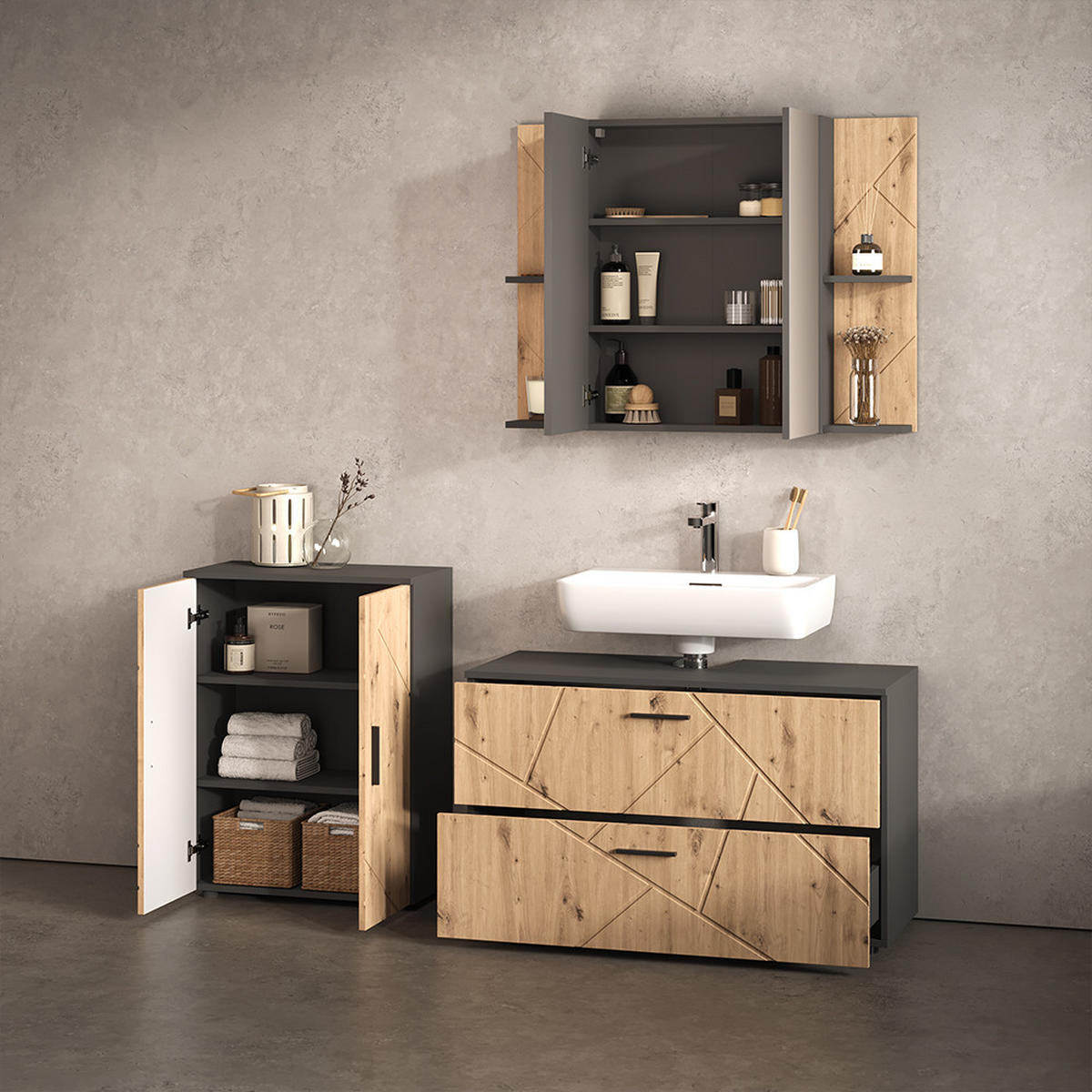 BADMÖBEL-SET Ronco, Anthrazit/Artisan-Eiche, 3-teilig - Anthrazit/Eiche Artisan, Holzwerkstoff (100.1/60.6/41cm) - Livinity®