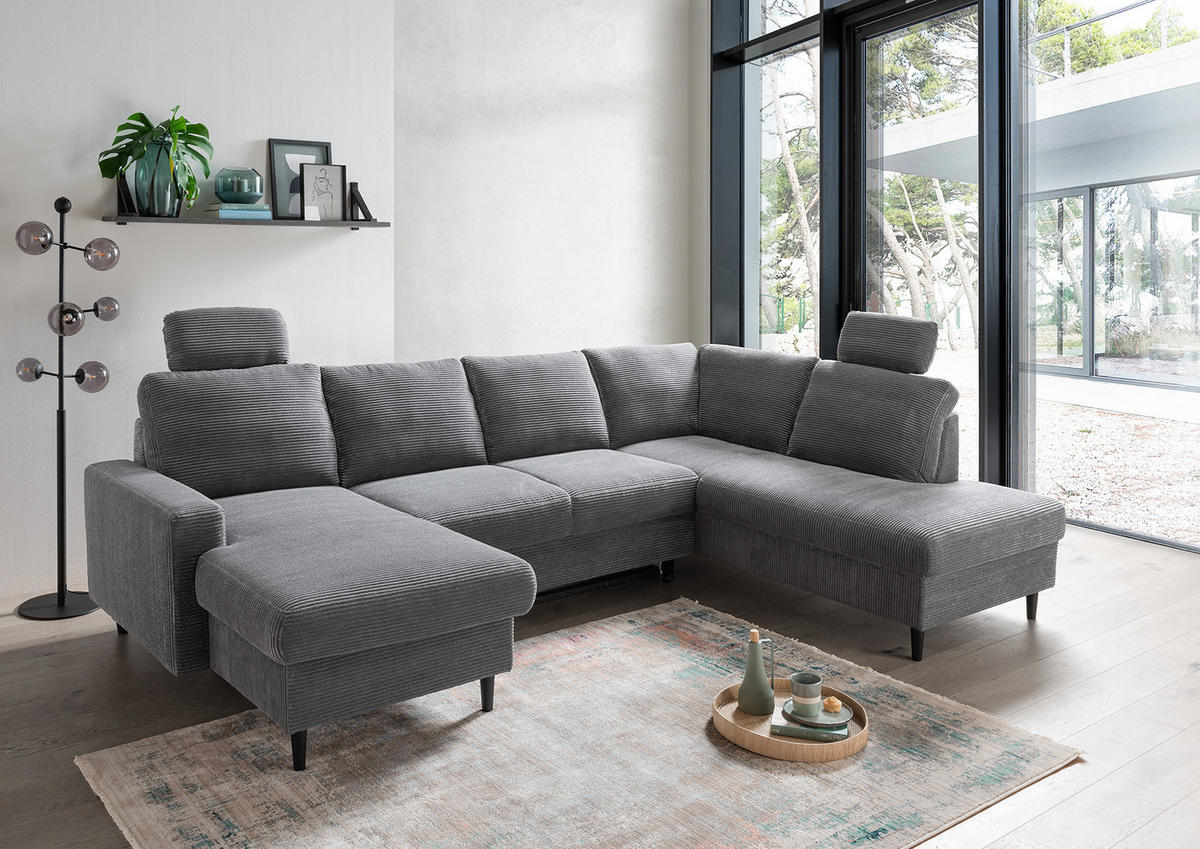 WOHNLANDSCHAFT mit Schlaffunktion Bettkasten Wellenunterfederung, 2 Kopfstützen, U-Form B305/T200/H88 cm, Cord Grau Anthrazit / 17206 - Schieferfarben/Anthrazit, Holz/Textil (305/88/200cm) - luma-home