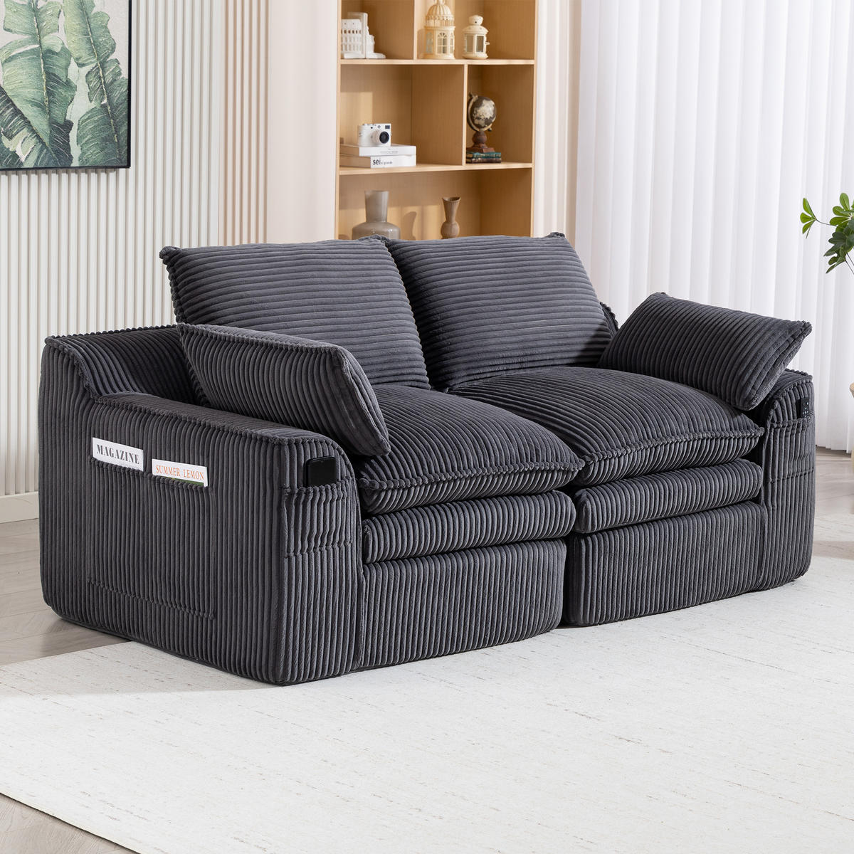 2-SITZER SOFA Cord Dunkelgrau mit Kissen und Seitentaschen - Dunkelgrau, Textil (191/85/94cm) - WISHDOR