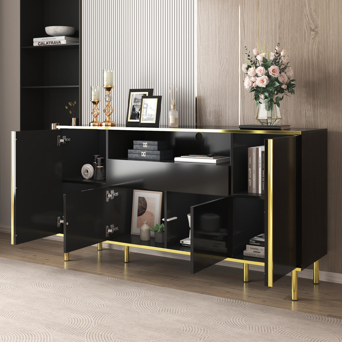 SIDEBOARD in Hochglanz Schwarz mit goldenen Akzenten, 4 Türen, 1 Schublade und LED-Beleuchtung, 150/40/80 cm, Schwarz - Schwarz, Holzwerkstoff (150/80/40cm) - Redom
