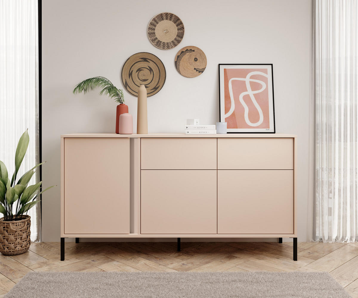 SIDEBOARD Piemontesia 3T 2S Beige 153,1/81,4/39,5 cm – mit Push-to-Open-Funktion - Beige/Schwarz, Holzwerkstoff/Metall (153/81.4/39.5cm) - AX Living