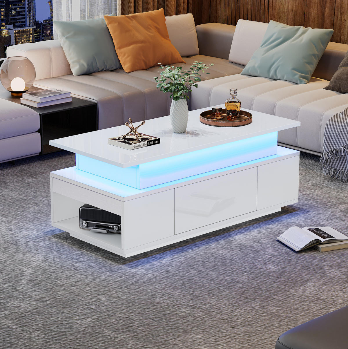 COUCHTISCH höhenverstellbar 96 x 45 x 40 cm Weiß mit LED - Weiß, Holzwerkstoff (96/45/40cm) - Meubliv