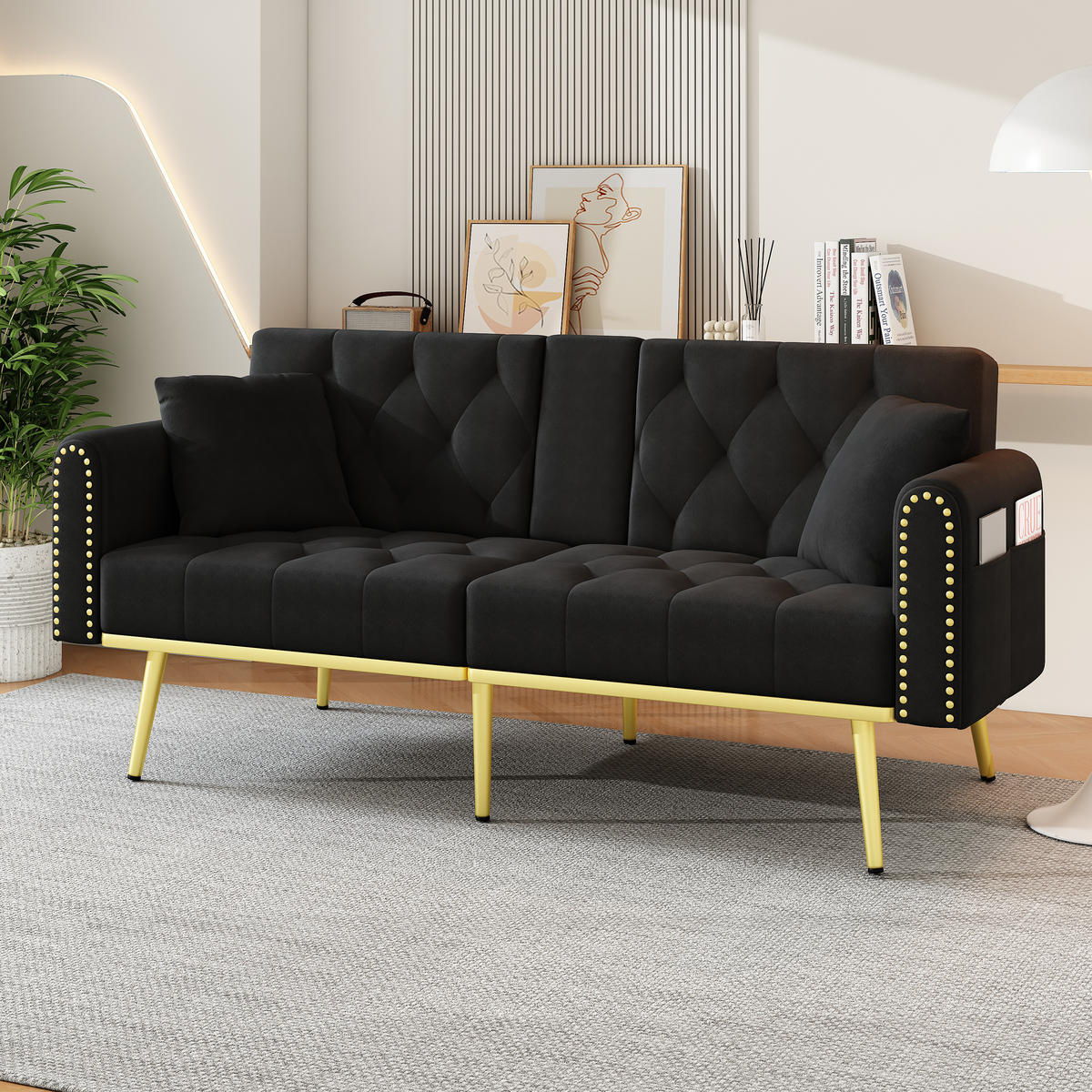 SCHLAFSOFA Samt mit verstellbarer Rückenlehne und Getränkehalter Schwarz 175/80/73,5 cm - Schwarz, Textil (73.5/175/80cm) - Redom