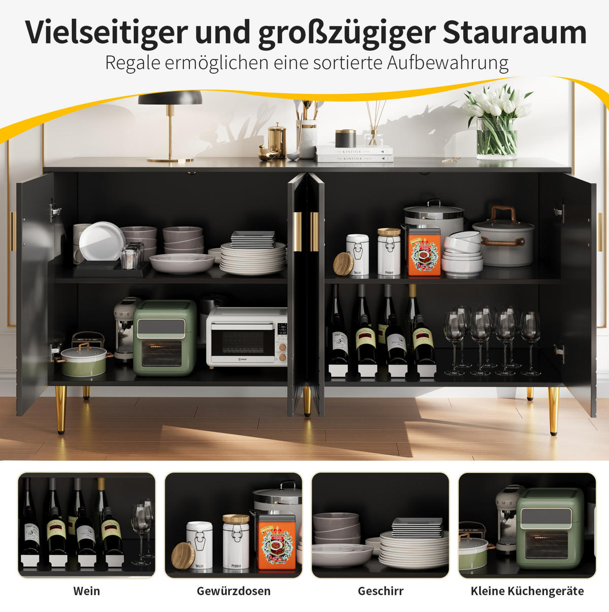 SIDEBOARD 152/40/75 cm Schwarz aus MDF mit Wellendesign - Schwarz, Holzwerkstoff (40/75/152cm) - OKMYHOME