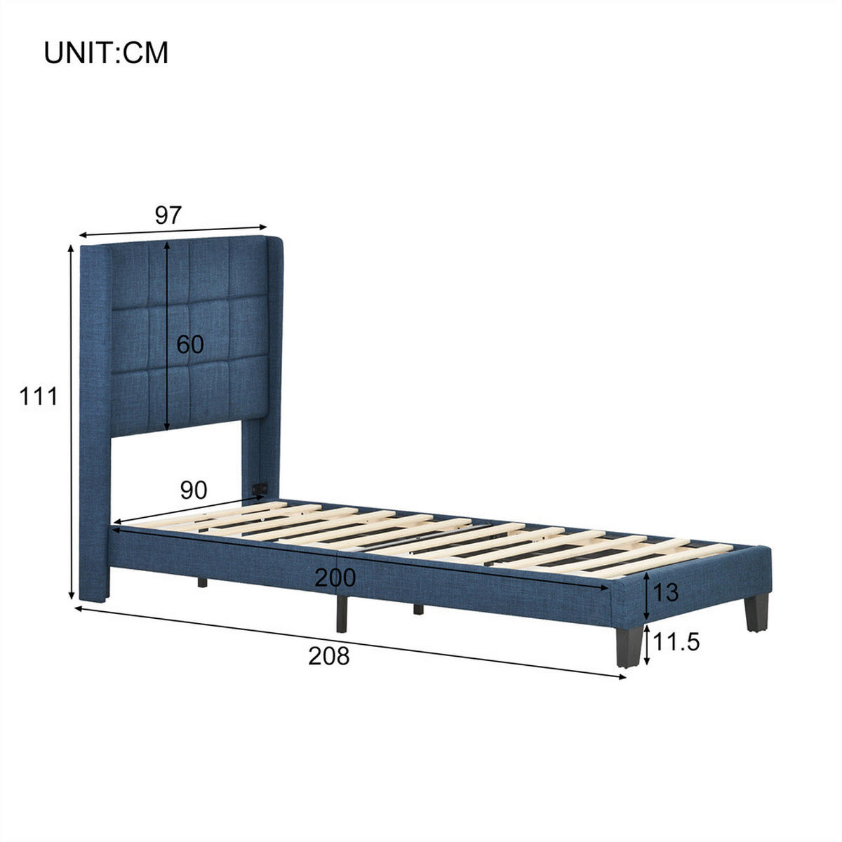 POLSTERBETT 90/200cm in Blau Leinen(Ohne Matratze) - Blau, Holz/Textil (90/200cm) - KOMHTOM