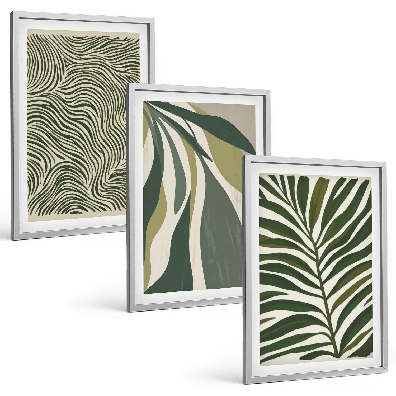 BILDER SET 3er Set - 40x60 cm Silberner Rahmen - Blätter mit wellenförmigen grünen Linien - Silberfarben, Kunststoff (40/60cm) - TULUP