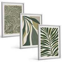 BILDER SET 3er Set - 40x60 cm Silberner Rahmen - Blätter mit wellenförmigen grünen Linien - Silberfarben, Kunststoff (40/60cm) - TULUP