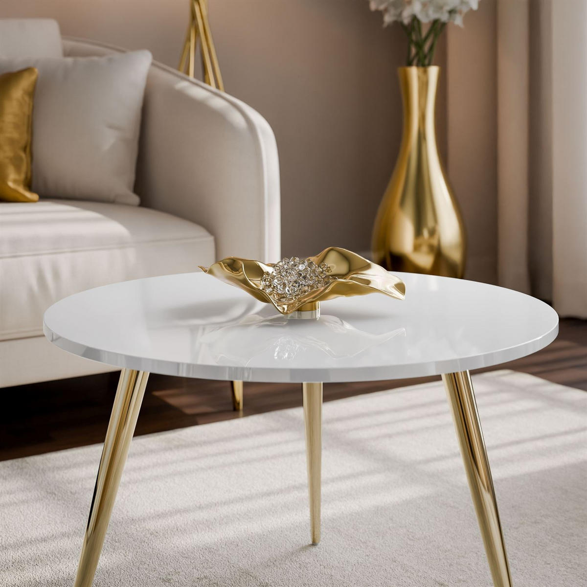 COUCHTISCH SOLEIL II, rund und glänzend, auf goldenen Beinen und Weiß Hochglanz - Weiß, Holzwerkstoff (60/60/47cm) - Lookway