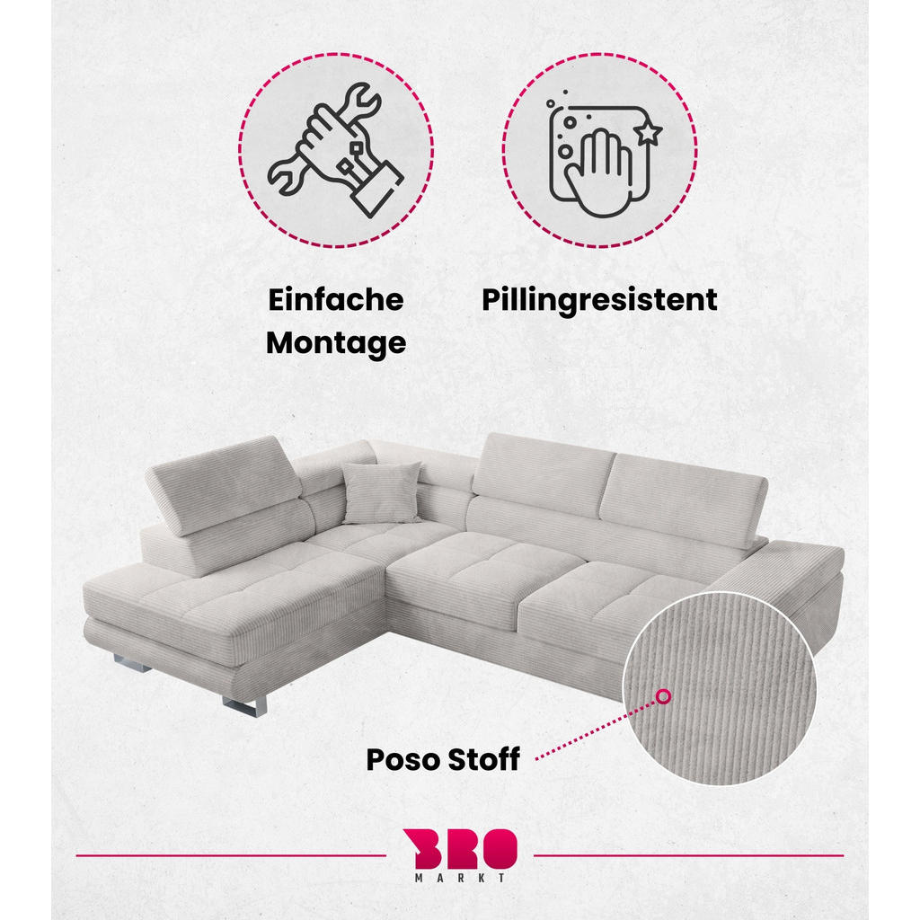 Thumbnail - Bromarkt Ecksofa, Weiß, Textil, 4-Sitzer, L-Form,L-Form, 275x142 cm, Wohnzimmer, Sofas & Couches, Wohnlandschaften, Ecks...