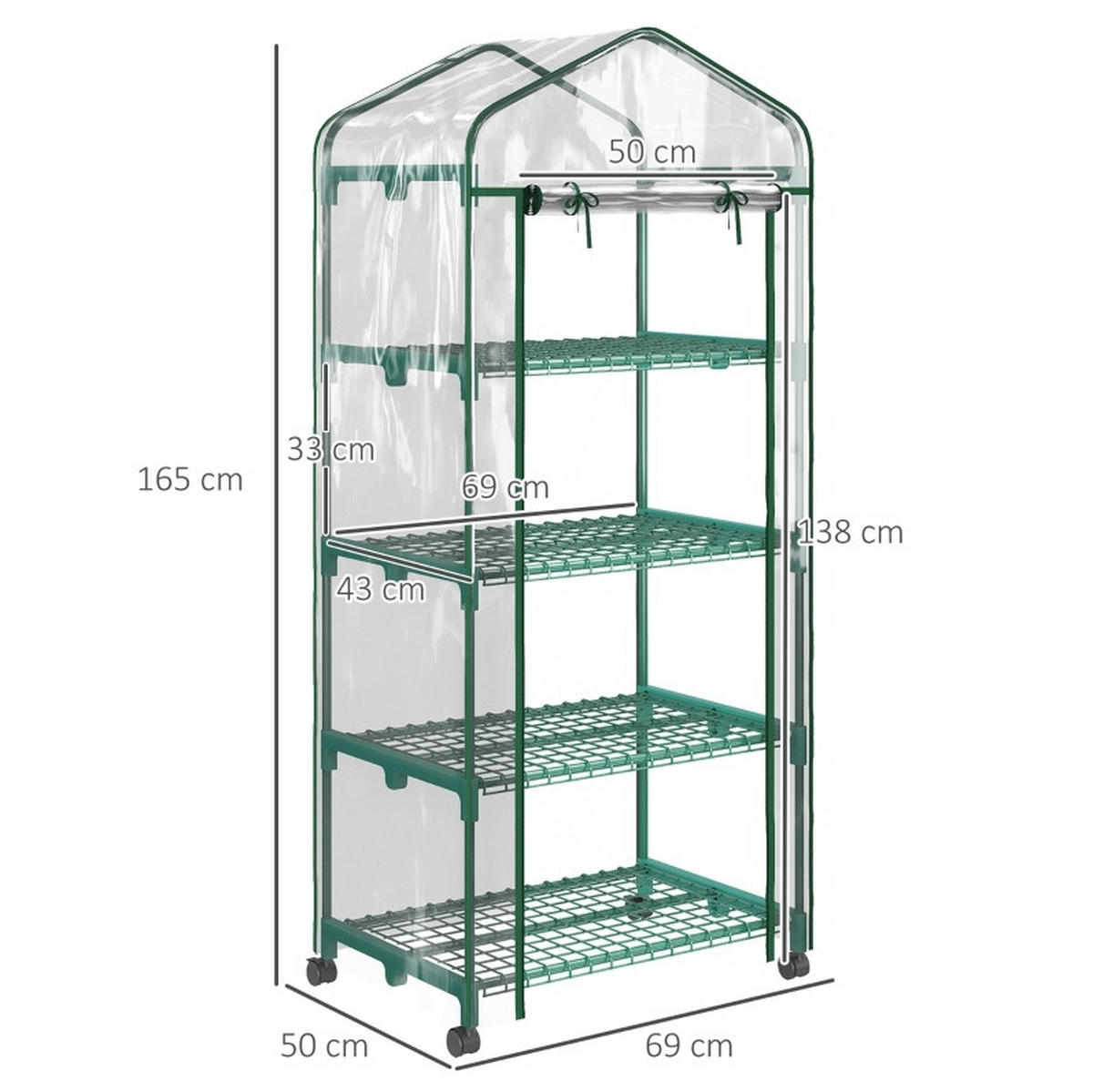 GEWÄCHSHAUS 69/50/165 cm transparent mit 4 Regalböden - Transparent, Metall (50/165/69cm) - Flora Grace