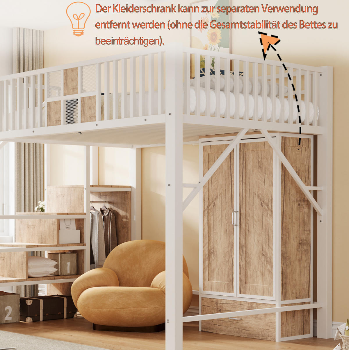 HOCHBETT 140/200 cm aus Metall und Holz mit Kleiderschrank, Weiß - Weiß, Metall (140/200cm) - OKMYHOME