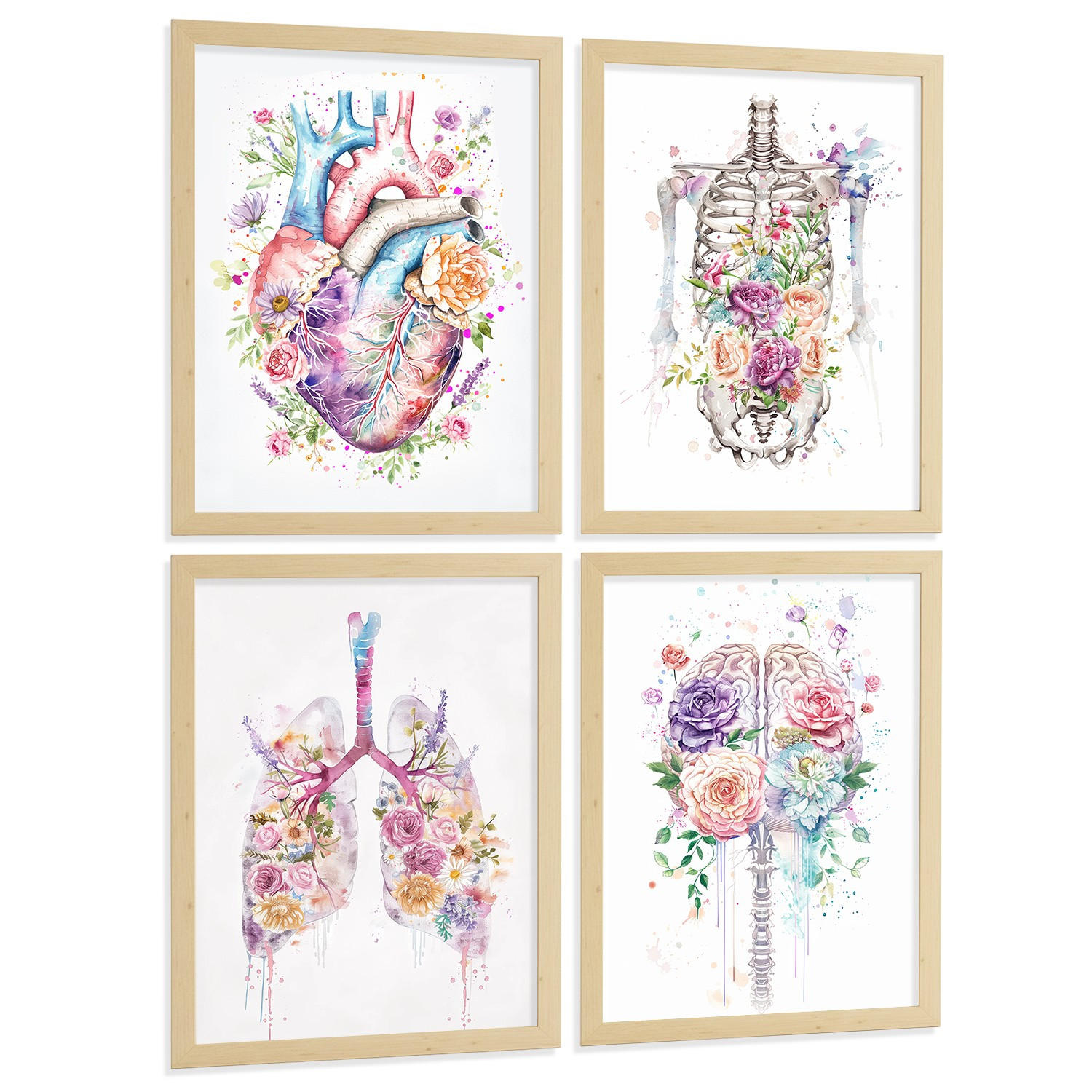POSTER Set aus 4 Anatomie Mensch Drucke und mit Herz Gehirn Lungen Luftröhre Bronchien Wirbelsäule Florales Aquarell Design Größe Rahmenlos A3 - Klar, Papier (29.7/42/3cm) - Nacnic