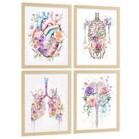 POSTER Set aus 4 Anatomie Mensch Drucke und mit Herz Gehirn Lungen Luftröhre Bronchien Wirbelsäule Florales Aquarell Design Größe Rahmenlos A3 - Klar, Papier (29.7/42/3cm) - Nacnic