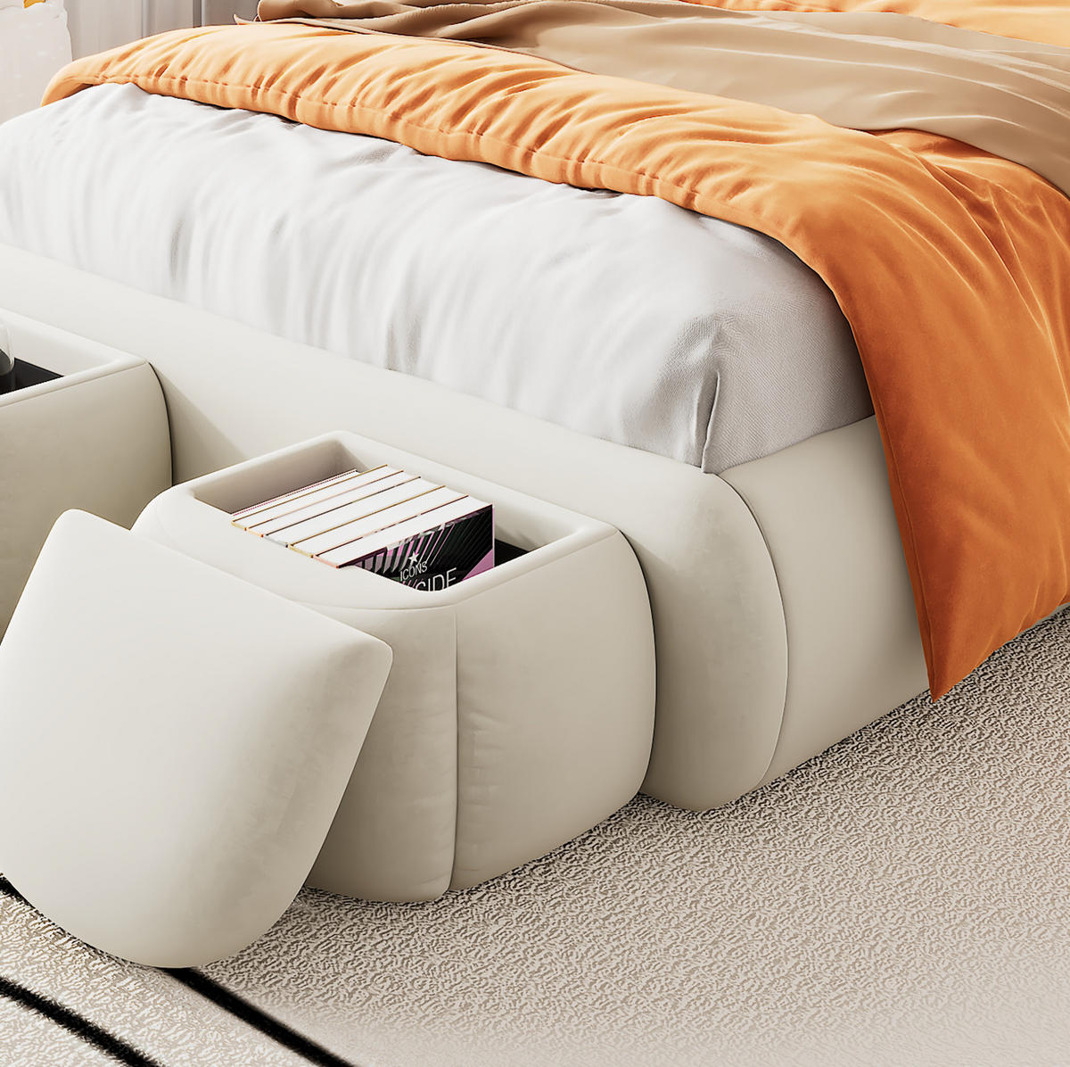 POLSTERBETT 90/200 cm Beige mit Hasenohren und LED-Beleuchtung - Beige, Textil (90/200cm) - OKWISH