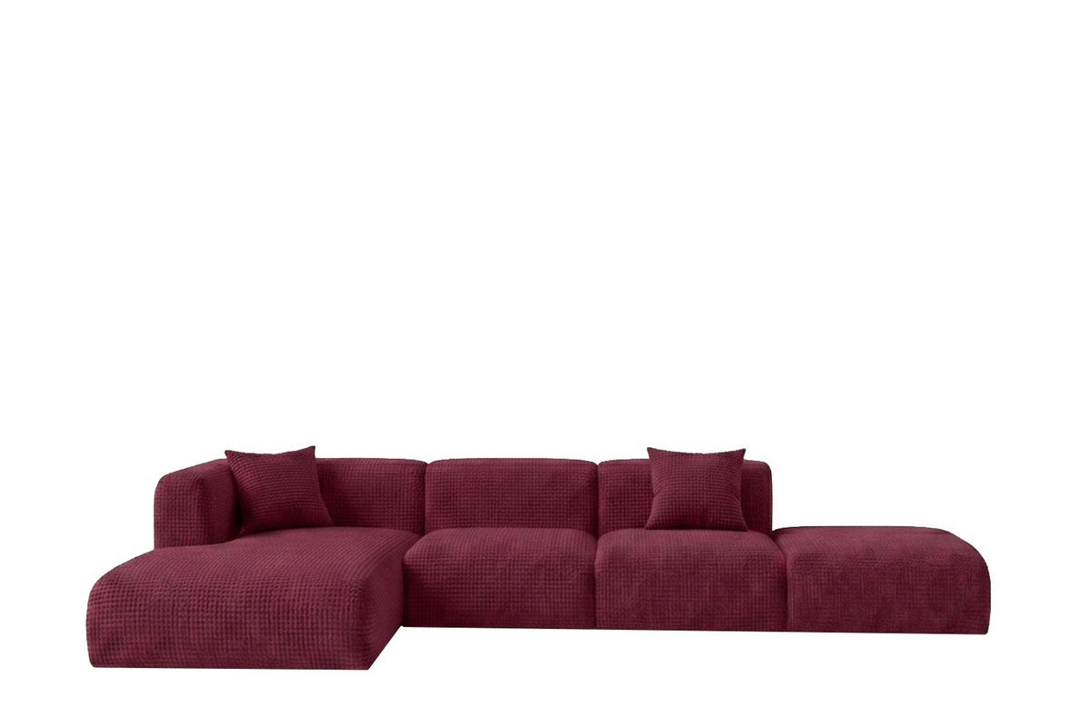 ECKSOFA L-Form mit Hocker, Chenille-Stoff Cremona, Rotwein, Links, GRETA - Weinrot, Holz (386/179cm) - Kaiser Möbel