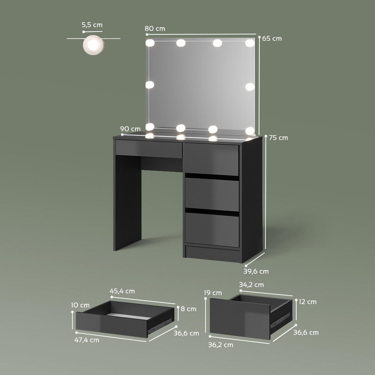 SCHMINKTISCH Imola Anthrazit mit Spiegel & LED-Beleuchtung - Anthrazit, Holzwerkstoff (90/75/40cm) - Livinity®