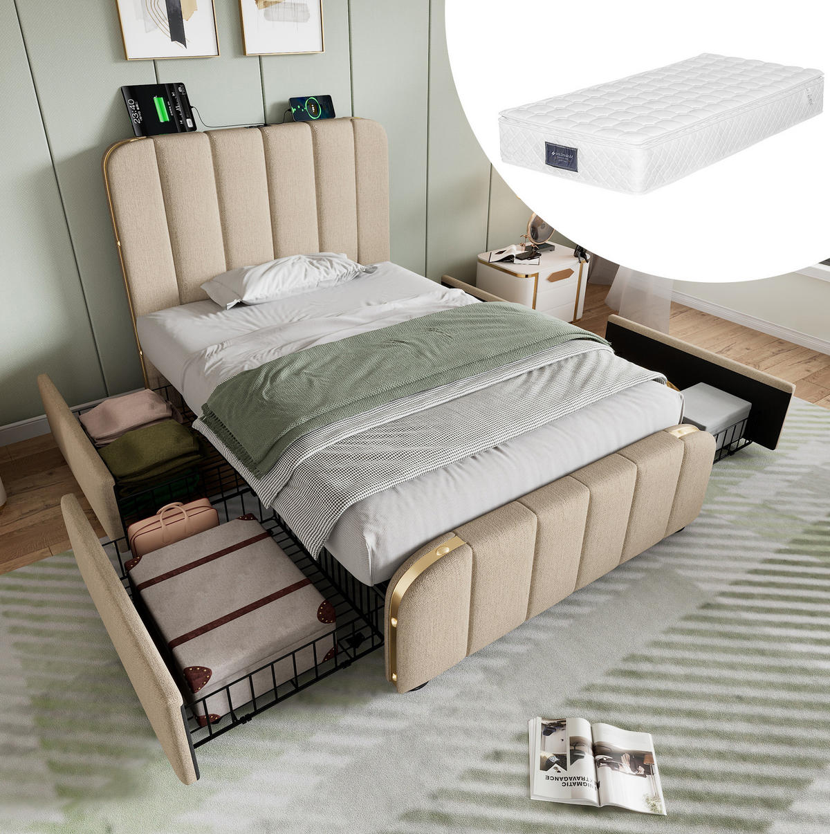 POLSTERBETT 90/200 cm Beige mit 4 Schubladen und USB-Typ-C-Anschluss mit Matratze - Beige, Textil (90/200cm) - OKWISH