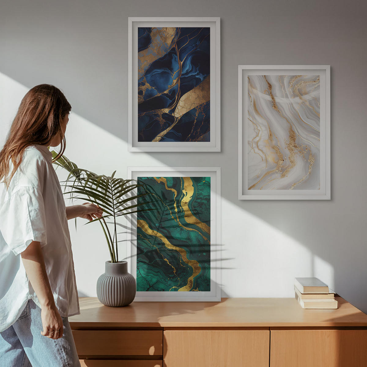 WANDBILDER 3er-Set - 40x60 cm Weißer Rahmen - Abstrakte blaugrüne Muster - Weiß, Kunststoff (40/60cm) - ArtPrintCave