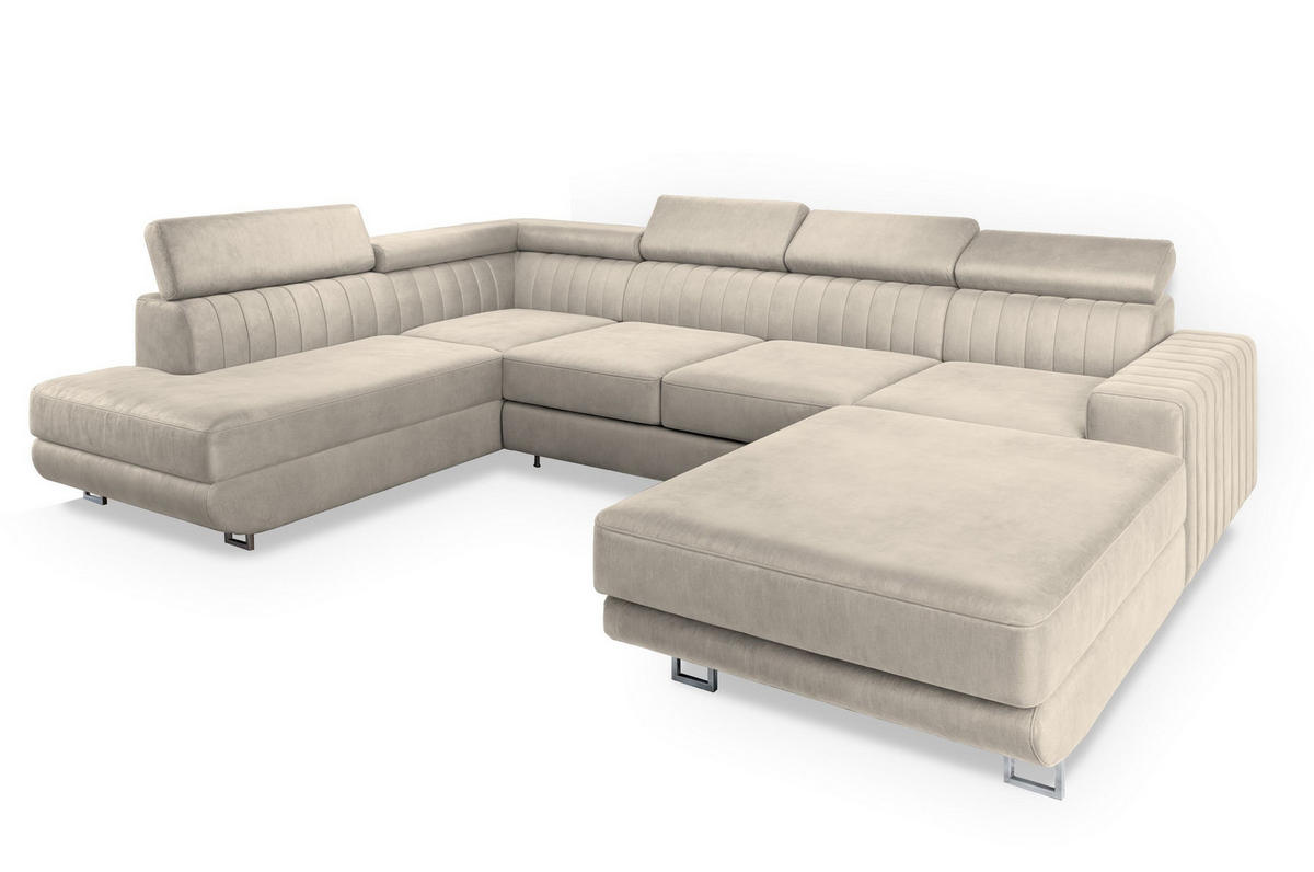 WOHNLANDSCHAFT SIENA L-S Creme Velours-Stoff mit Schlaffunktion - Creme, Holz (335/89/190cm) - MASSENO
