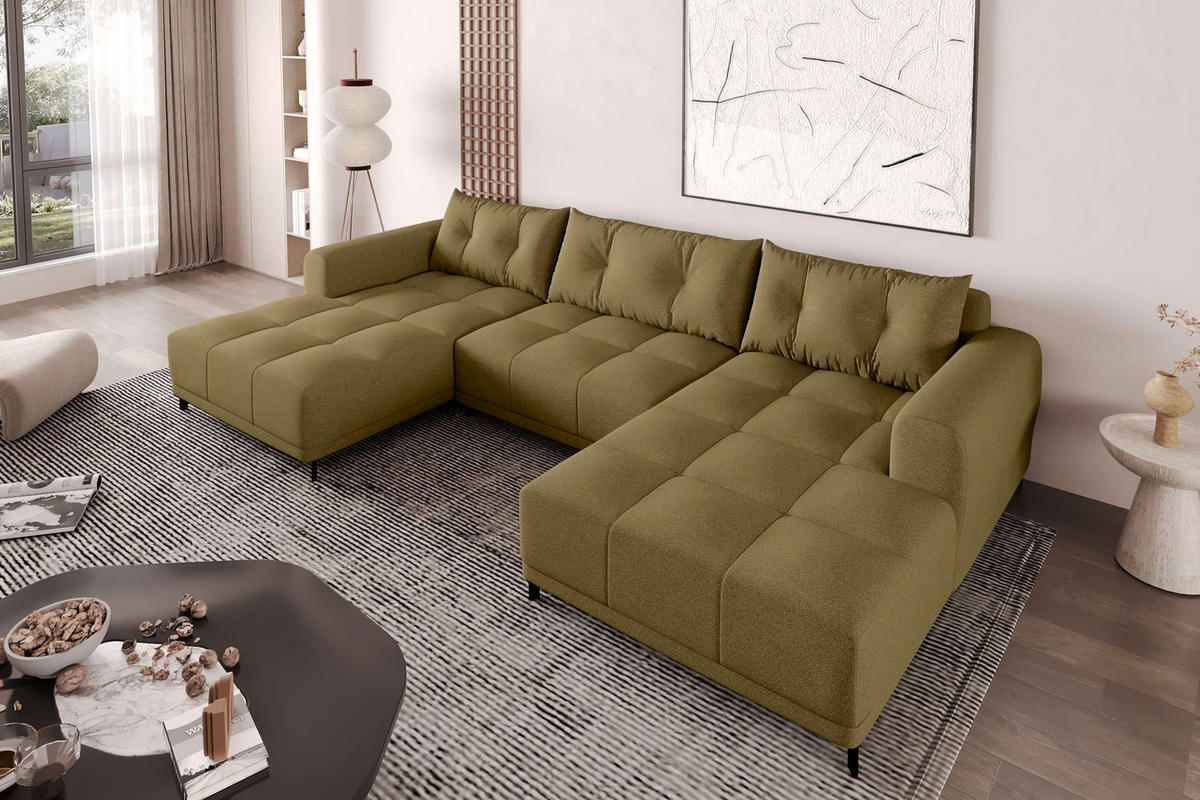 WOHNLANDSCHAFT Strukturstoff Khaki inkl. Schlaffunktion - Schwarz/Olivgrün, Textil/Metall (348/94/181cm) - 99rooms