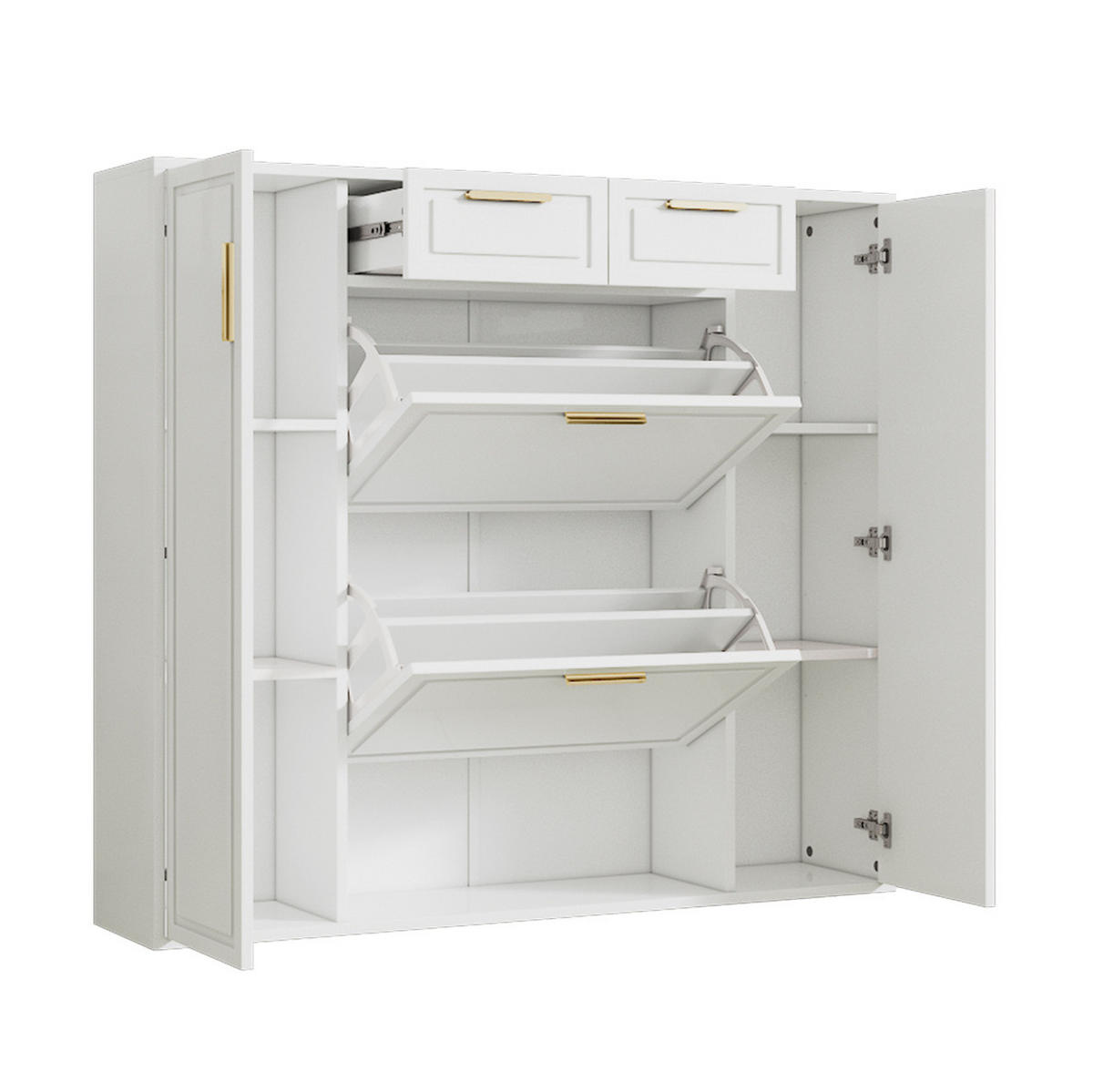 SCHUHSCHRANK 120/24/107 cm mit verstellbaren Regalen, 2 Schubladen und Klapptüren, MDF und Spanplatte, Weiß - Weiß, Holzwerkstoff (120/107/24cm) - Redom