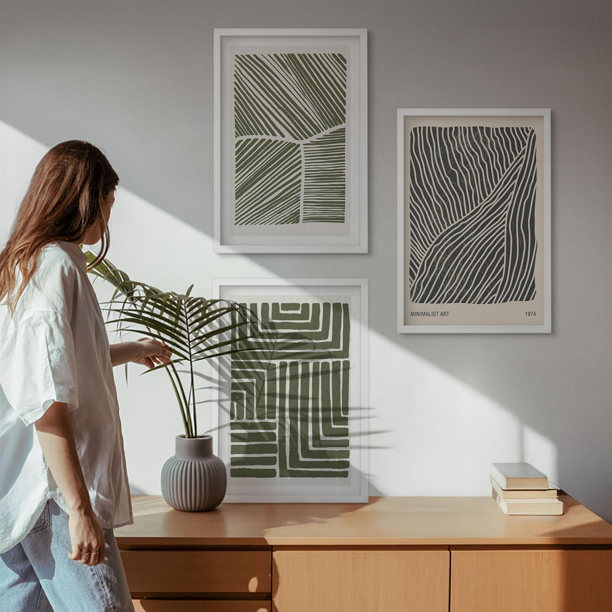 BILDER SET 3er Set - 40x60 cm Weißer Rahmen - Muster Linien Formen grün - Weiß, Kunststoff (40/60cm) - TULUP