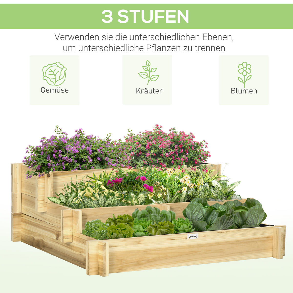 STUFENBEET, Naturfarben - Naturfarben, Holz (93/35/93cm) - Outsunny