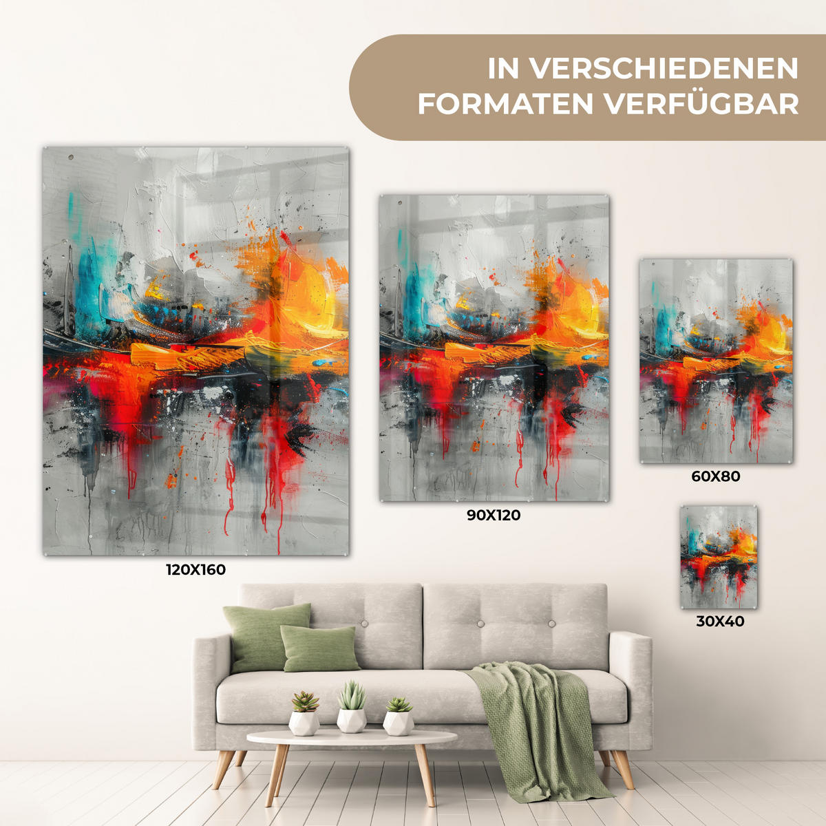 ACRYLGLASBILD Moderne Kunst - Orange - Grau - Abstrakt 60x80 cm - Hellgrau, Glas (60/80cm) - MuchoWow