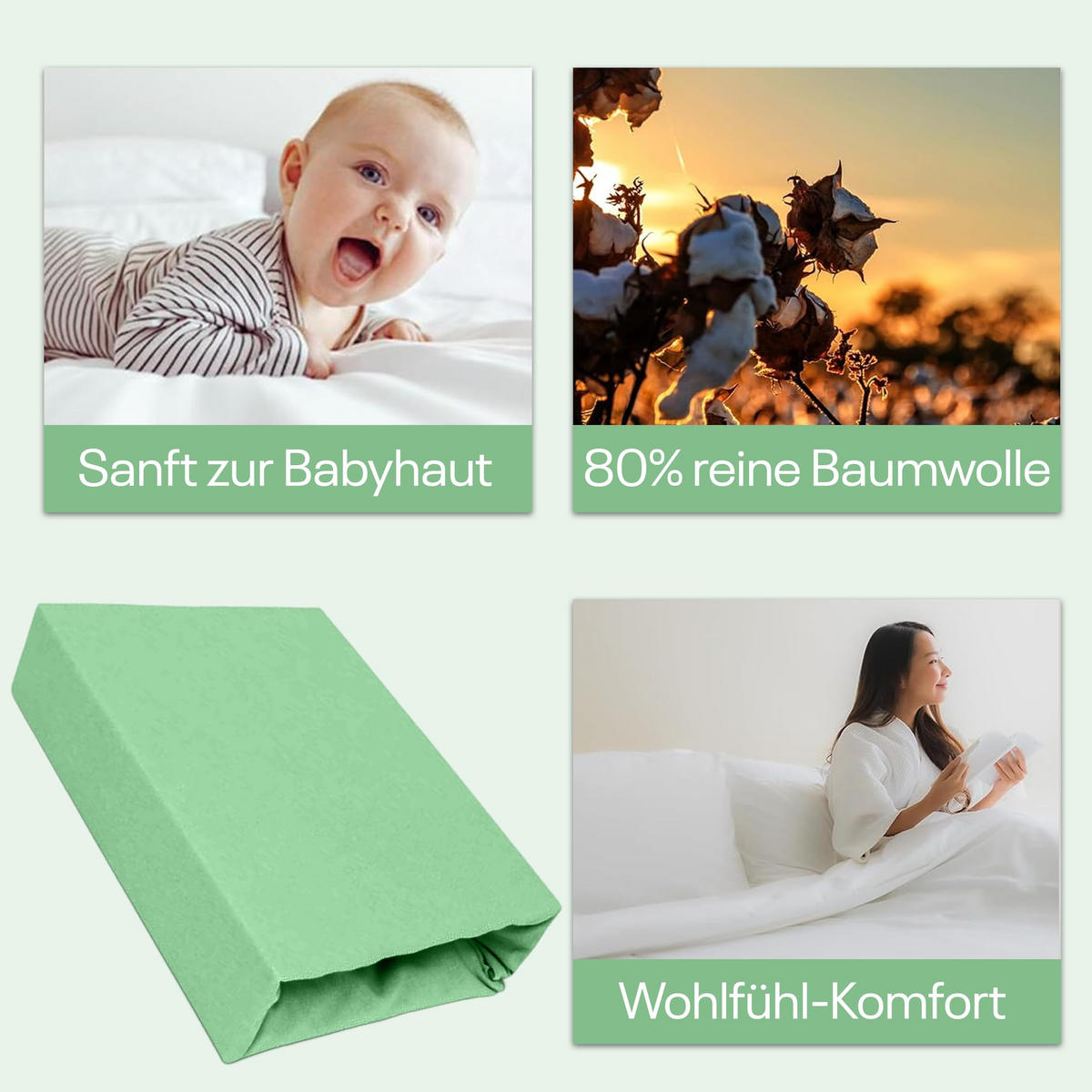 SPANNBETTLAKEN 90/160 cm, Jersey Elastisch 100 % Baumwolle Erbsengrün - Hellgrün, Textil (90/160cm) - Best For Home