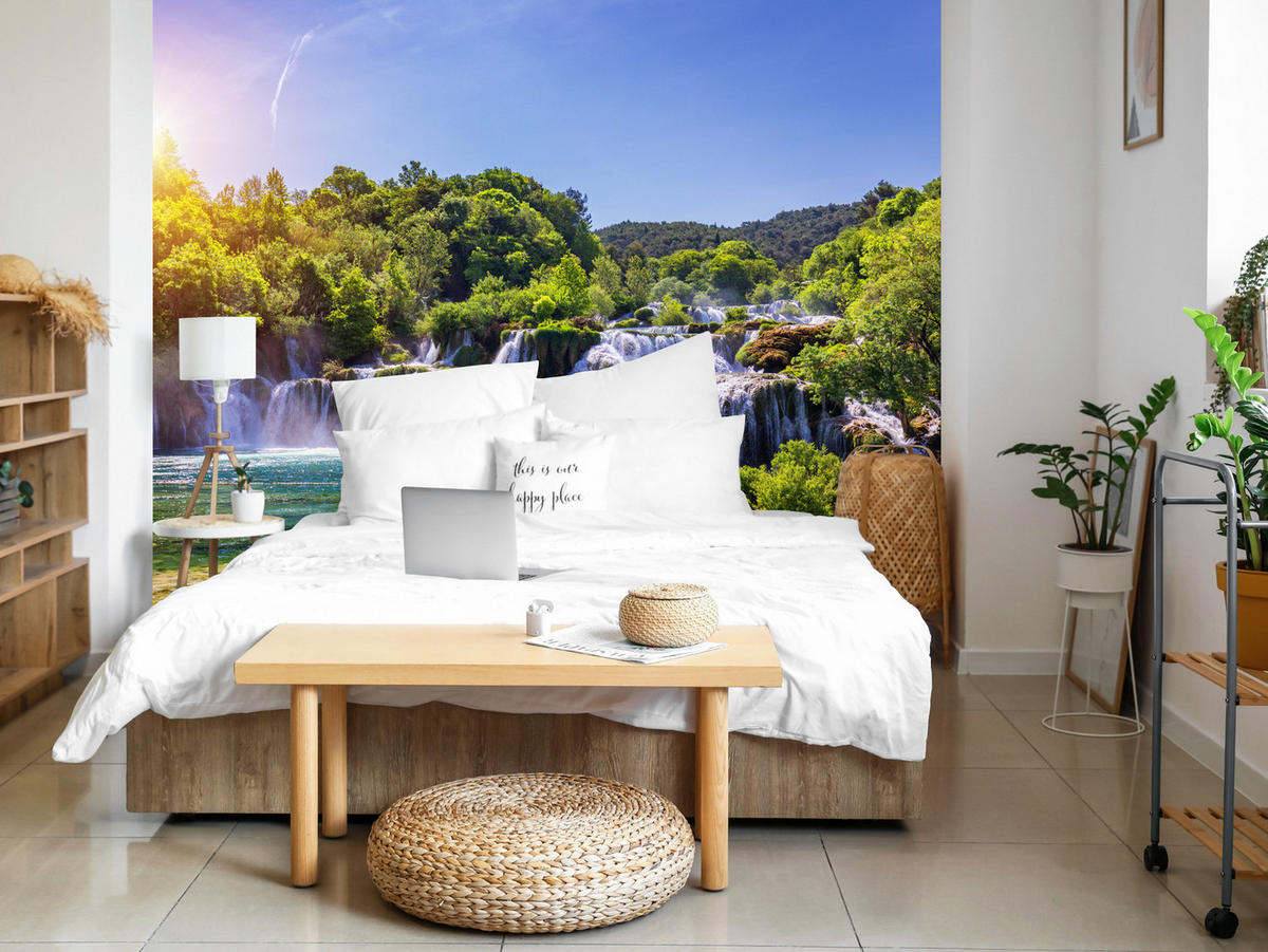 FOTOTAPETE Wasserfälle Wald Landschaft 3D 450x315 - Türkis/Blau, Papier (450/315cm) - Muralo