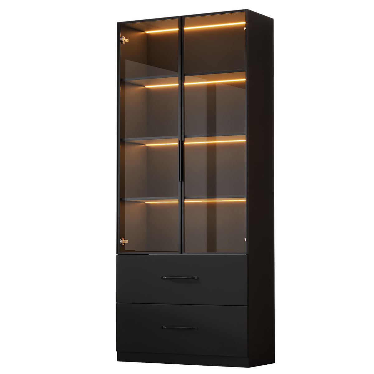 VITRINE 60cm Glas LED Aluminium 2 Türen Schubladen modern - Schwarz, Holzwerkstoff (60/160/40cm) - FLIEKS