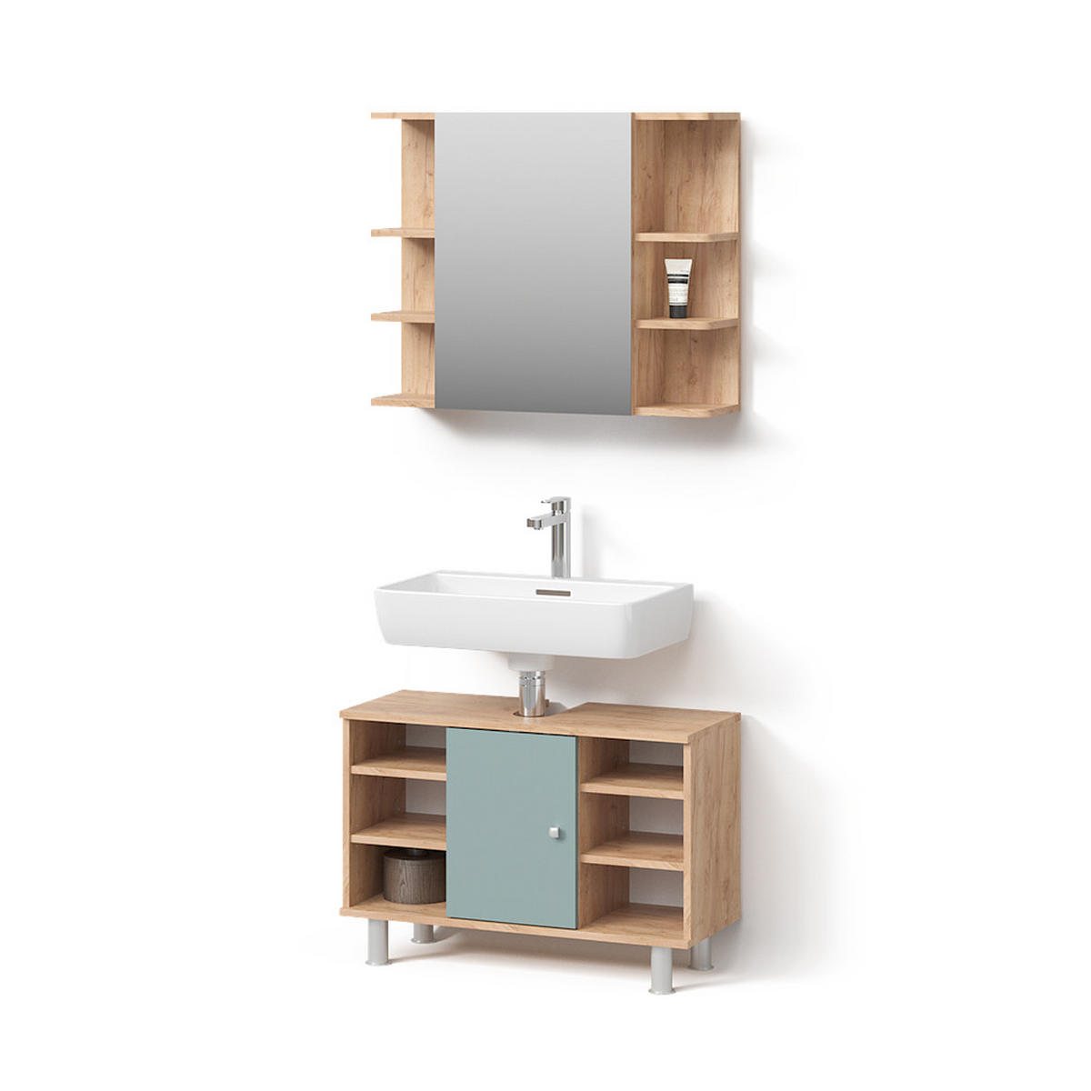 BADMÖBEL-SET Fucino Grün 2 Teile, Unterschrank 80 cm - Eiche Wotan/Grün, Holzwerkstoff (60/54/32cm) - Livinity®