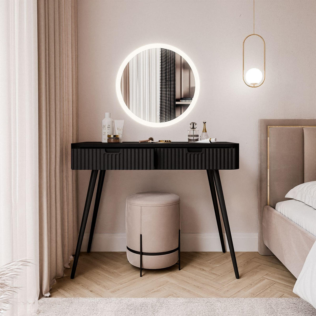 SCHMINKTISCH ZAIRA mit LED Spiegel Schwarz - Schwarz, Holzwerkstoff (103/80/49cm) - Lookway