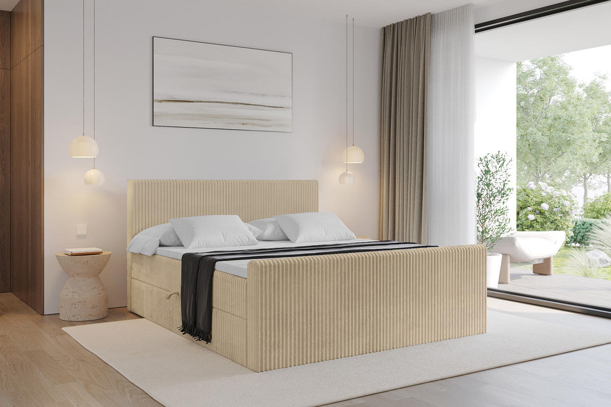 BOXBETT mit Matratze H3 und Lattenrost - TOLO-Z - 180x200 Cord - Beige - Beige, Holzwerkstoff (180/200cm) - ALTDECOR