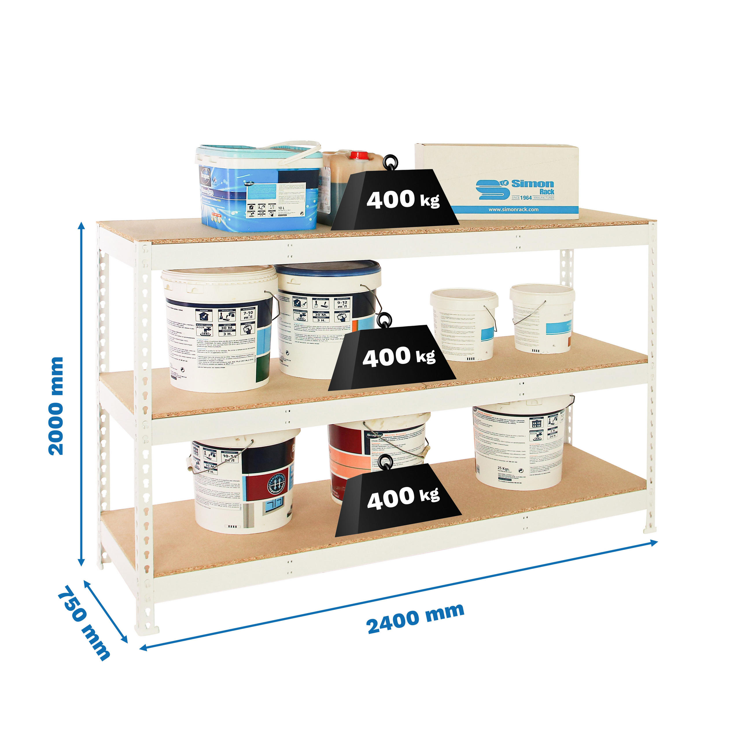 SCHWERLASTREGAL Wood Beast Three HxBxT 200 x 240 x 75 cm Fachlast 400 kg Weiß - Weiß, Metall (240/200/75cm) - PROREGAL