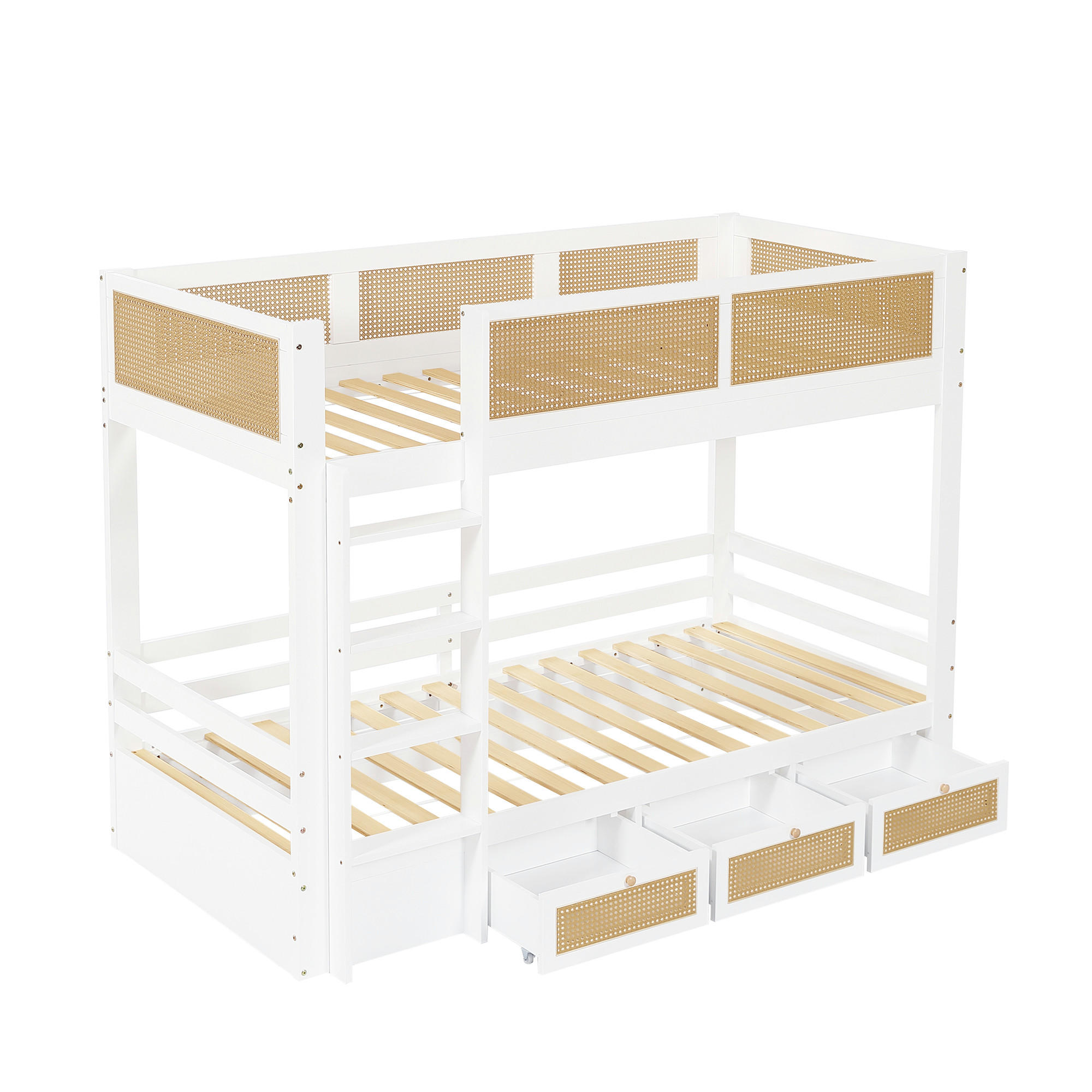 ETAGENBETT 90/200 cm DE-02325, in Weiß/Natur, mit Rattanzaun, 3 Schubladen und Sicherheitsgittern - Weiß, Holz/Holzwerkstoff (90/200cm) - ComfortXL
