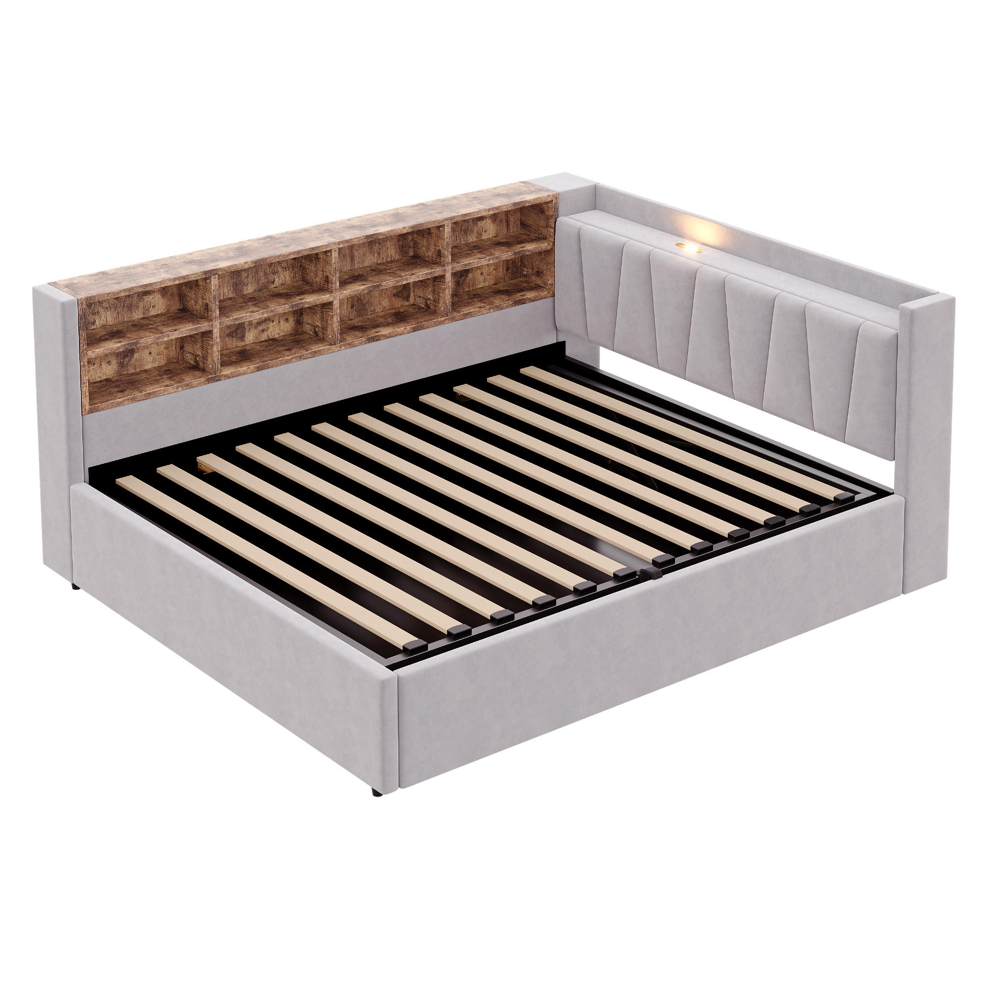 STAURAUMBETT 140/200 cm DE-02067, in Hellgrau, mit Sofafunktion, USB-C und Hydraulik - Hellgrau, Metall (140/200cm) - ComfortXL
